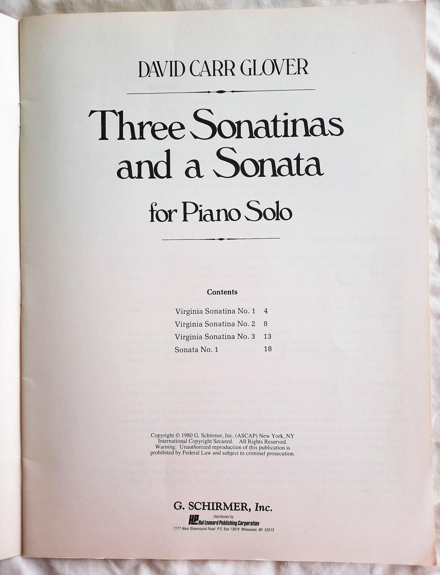 Three Sonatinas and a Sonata Piano Solo Music By David Glover (Very good, 1980, Pbk, 24 pages, G. Schirmer, Inc.)