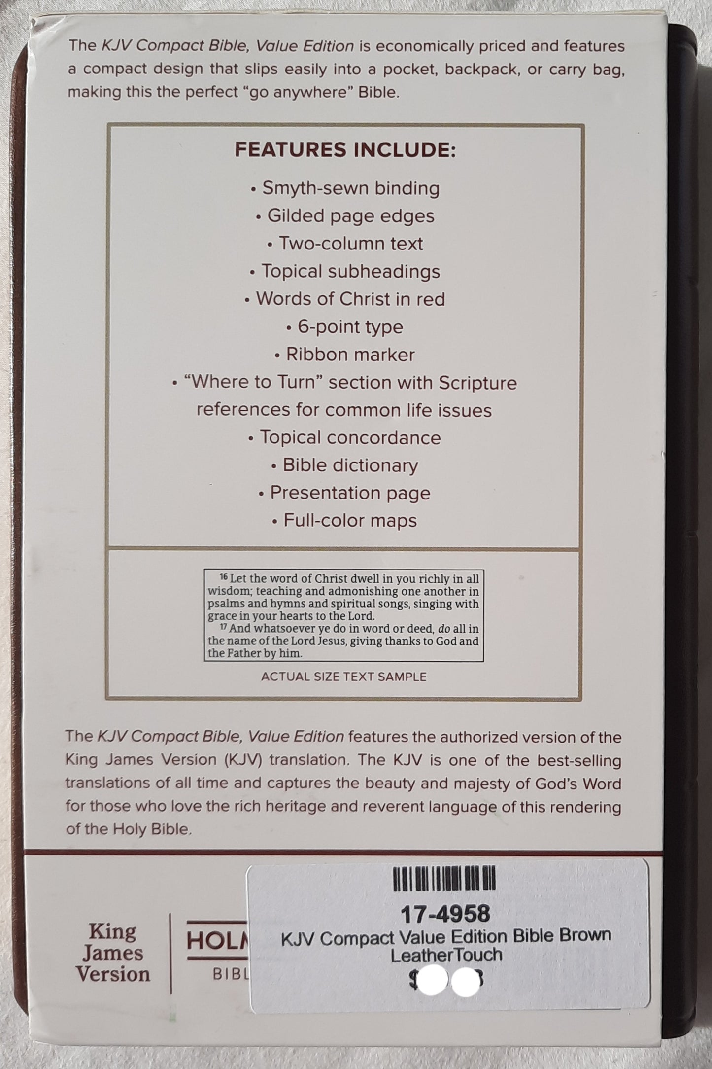 KJV Compact Value Edition Bible (New, 2019, Brown LeatherTouch, 768 pages, Holman)