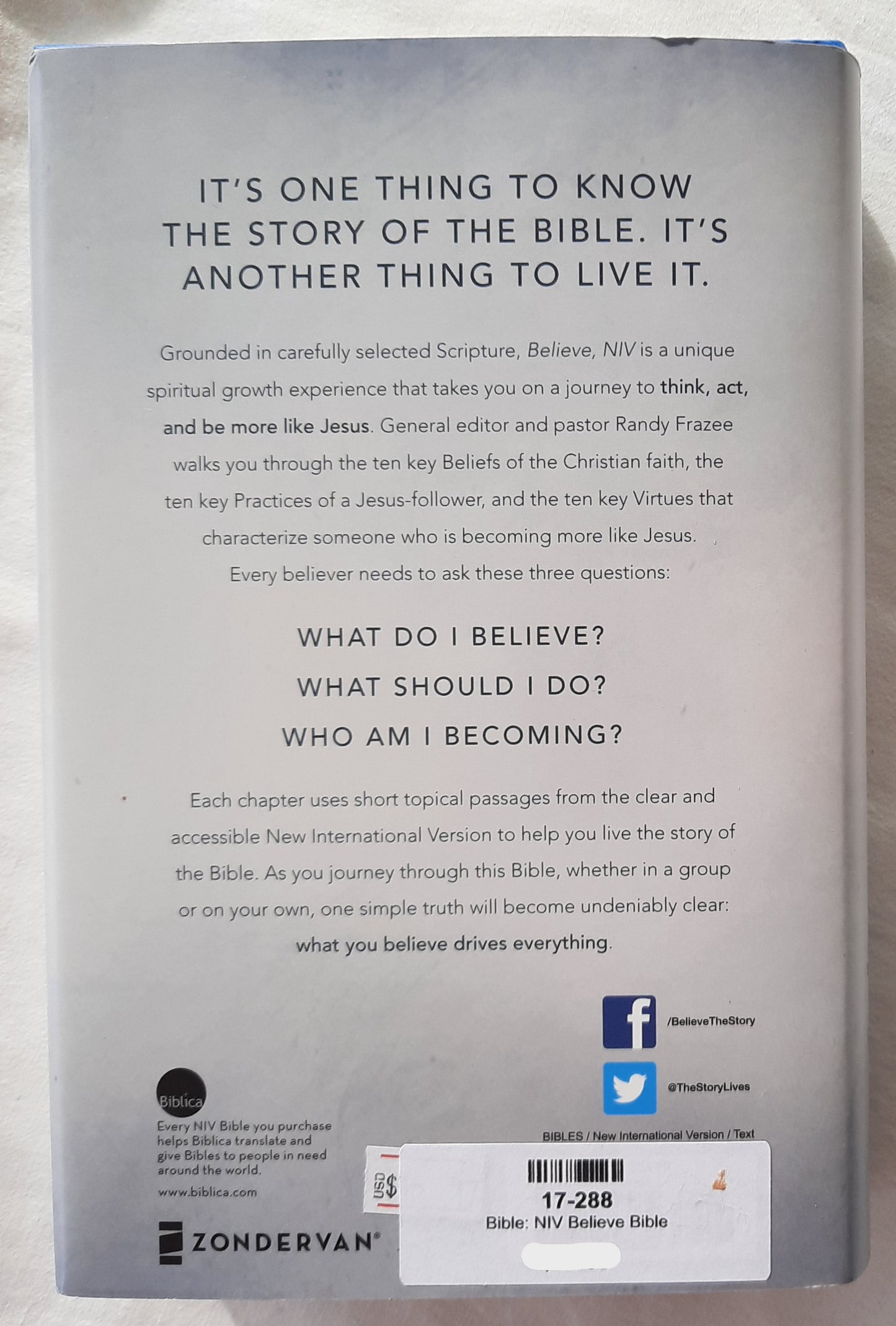 NIV Believe Bible by Randy Frazee (New, 2015, HC, 507 pages, Zondervan, 11.5 pt text)