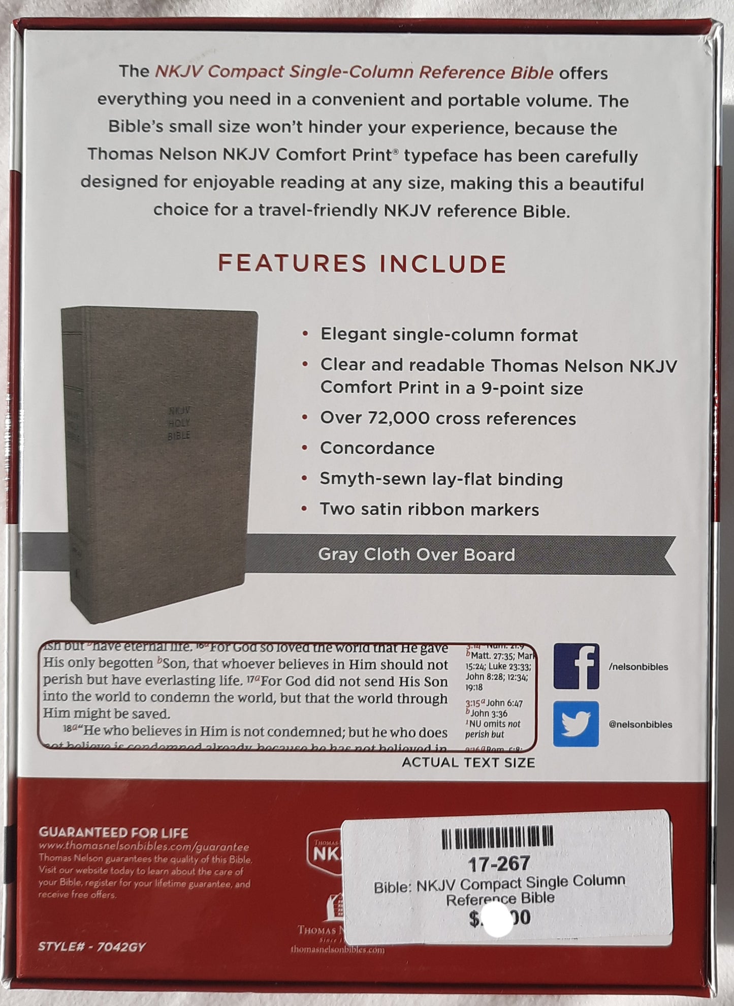 NKJV Compact Single Column Reference Bible (New, 2018, Cloth over Board-Gray, Comfort Print, 2032 pgs, Thomas Nelson)