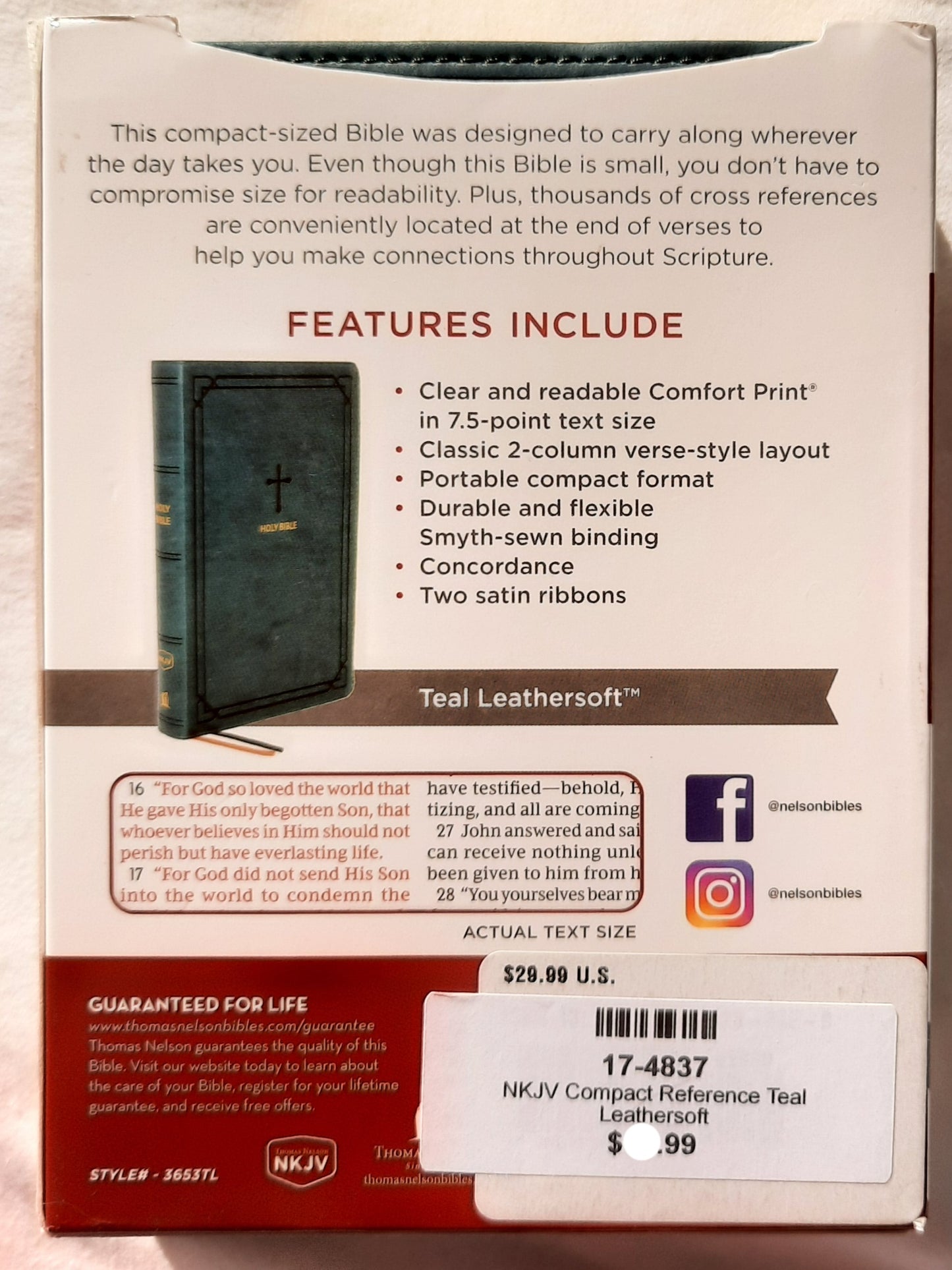 NKJV Compact Reference Bible Teal Leathersoft (New, 2020, Leathersoft, 1856 pages, Thomas Nelson)