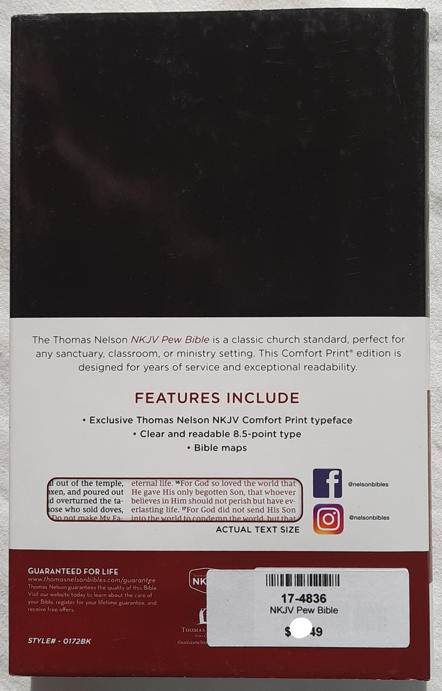 NKJV Pew Bible (New, Black Cover, 2018, HC, 880 pages, Thomas Nelson, Red Letter)