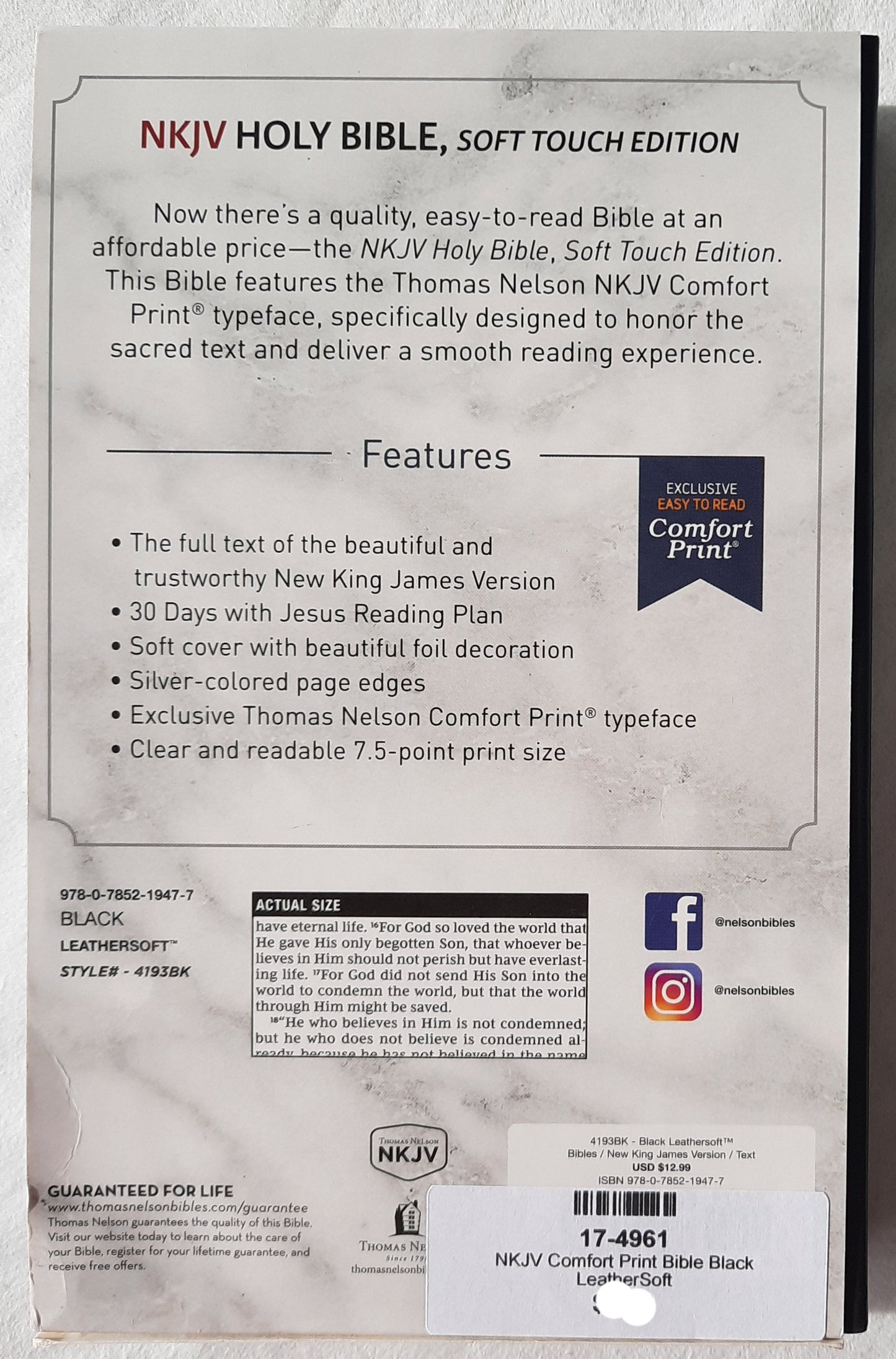 NKJV Comfort Print Holy Bible (New, 2018, Black LeatherSoft, 754 pages, Thomas Nelson)