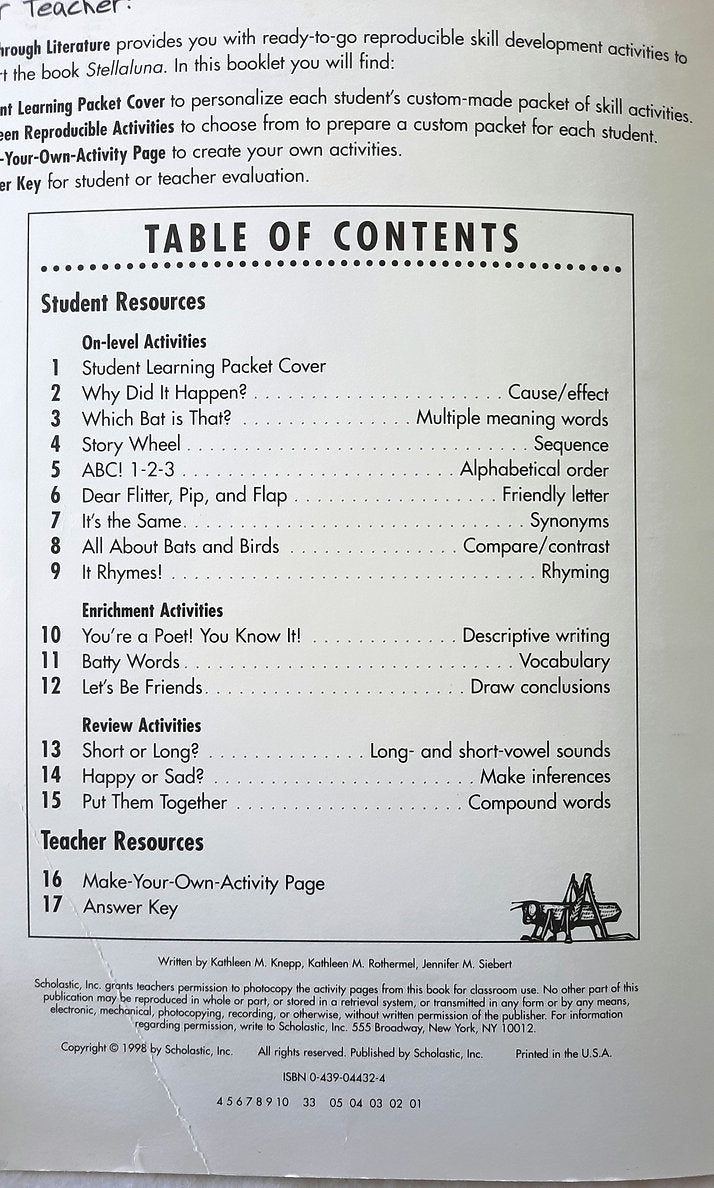 Skills Through Literature: Stellaluna by Janell Cannon (Very good, 1998, Pbk, 17 pages, Scholastic)