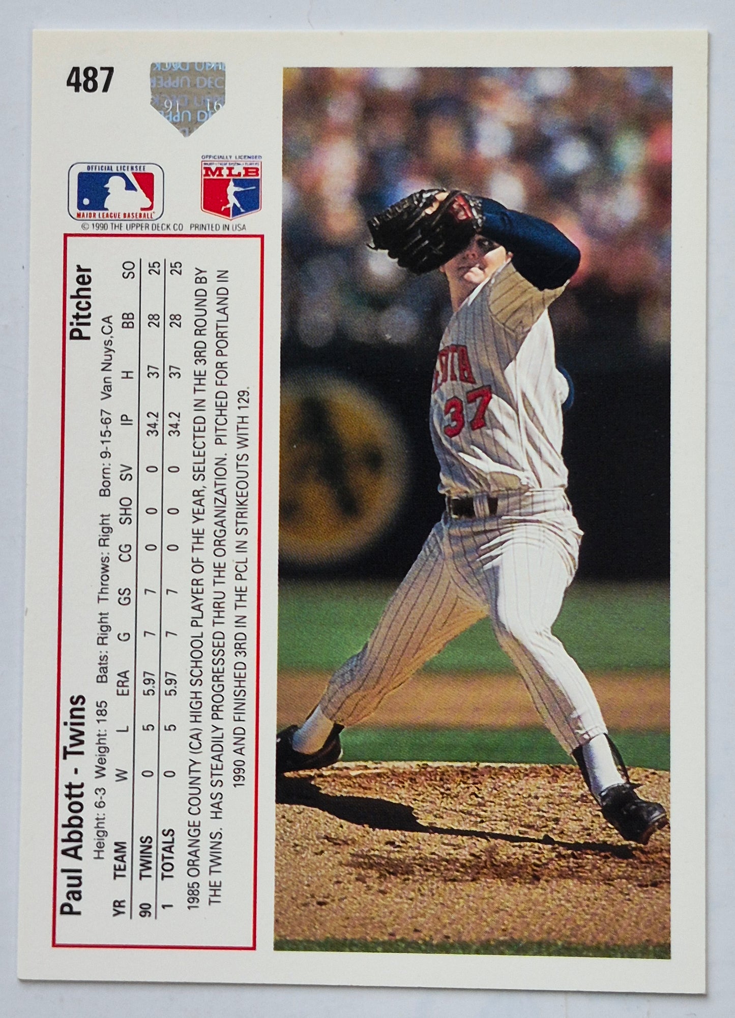 Abbott Paul Minnesota Twins #487 Upper Deck 1991 Baseball Card)