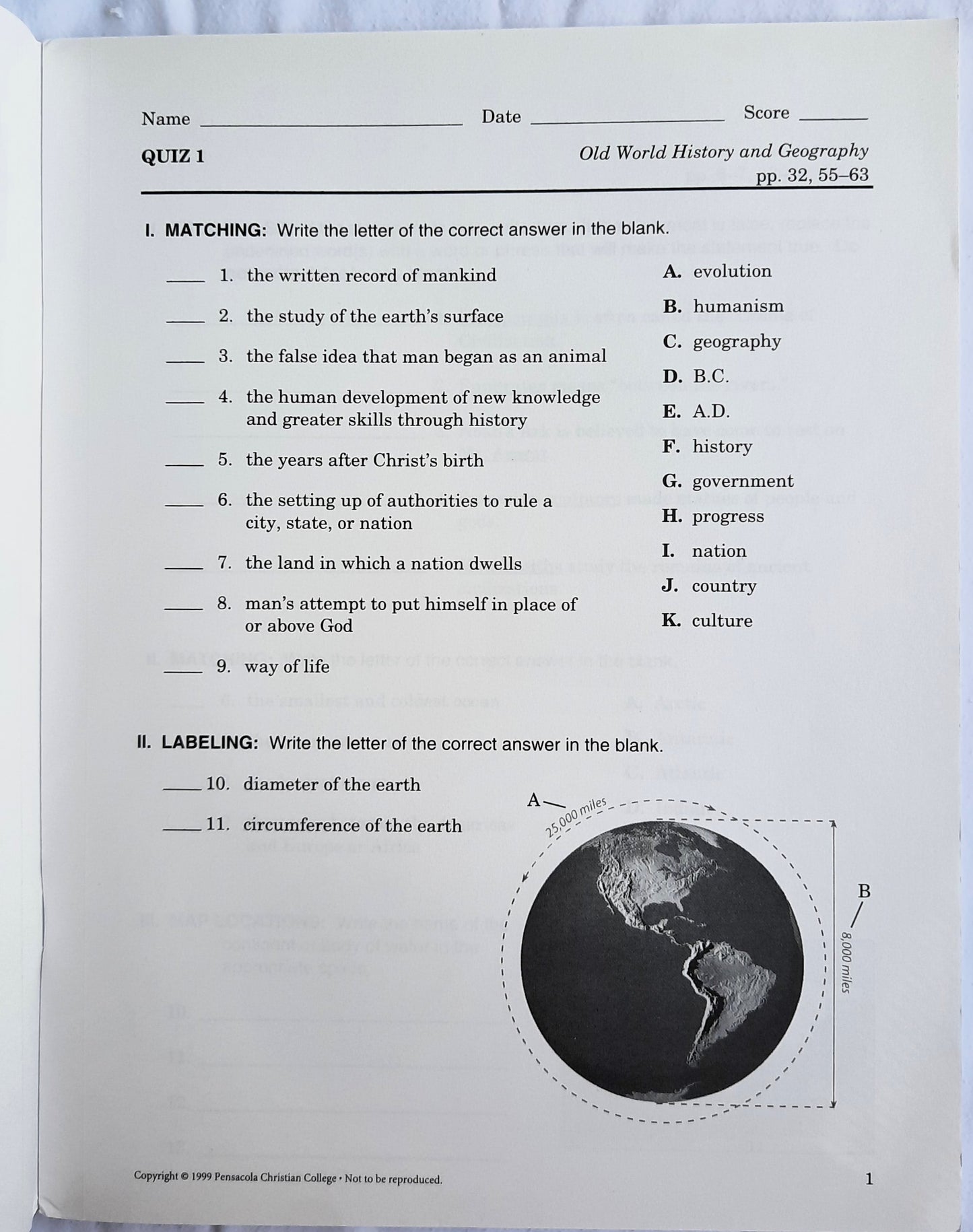 Abeka Old World History & Geography Quizzes Grade 5 (Like new, 2005, Pbk, 71 pages)