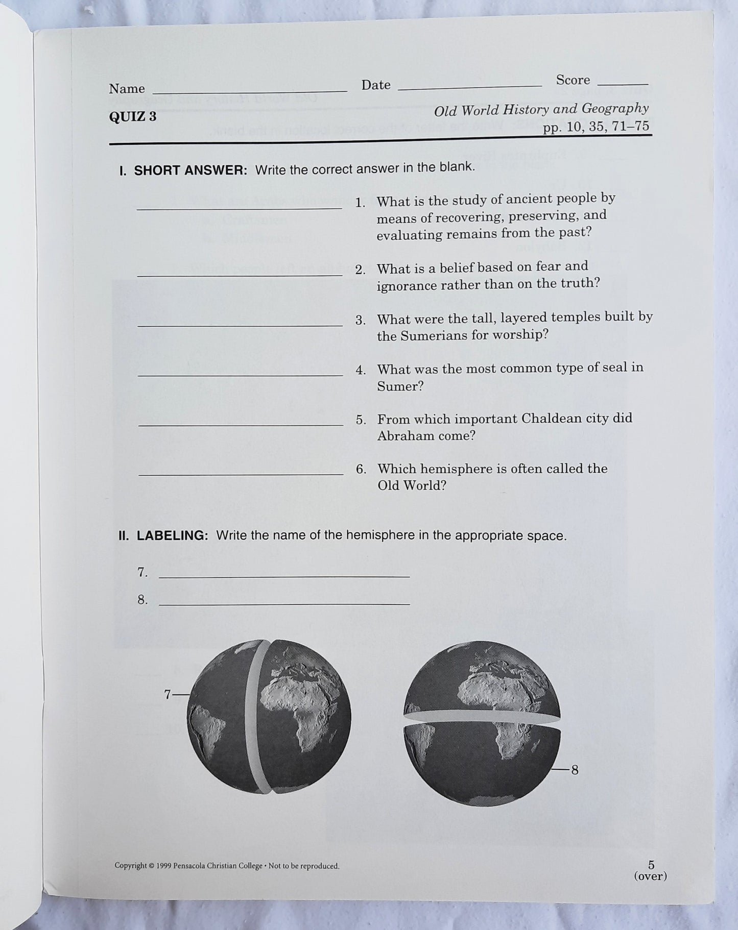 Abeka Old World History & Geography Quizzes Grade 5 (Like new, 2005, Pbk, 71 pages)