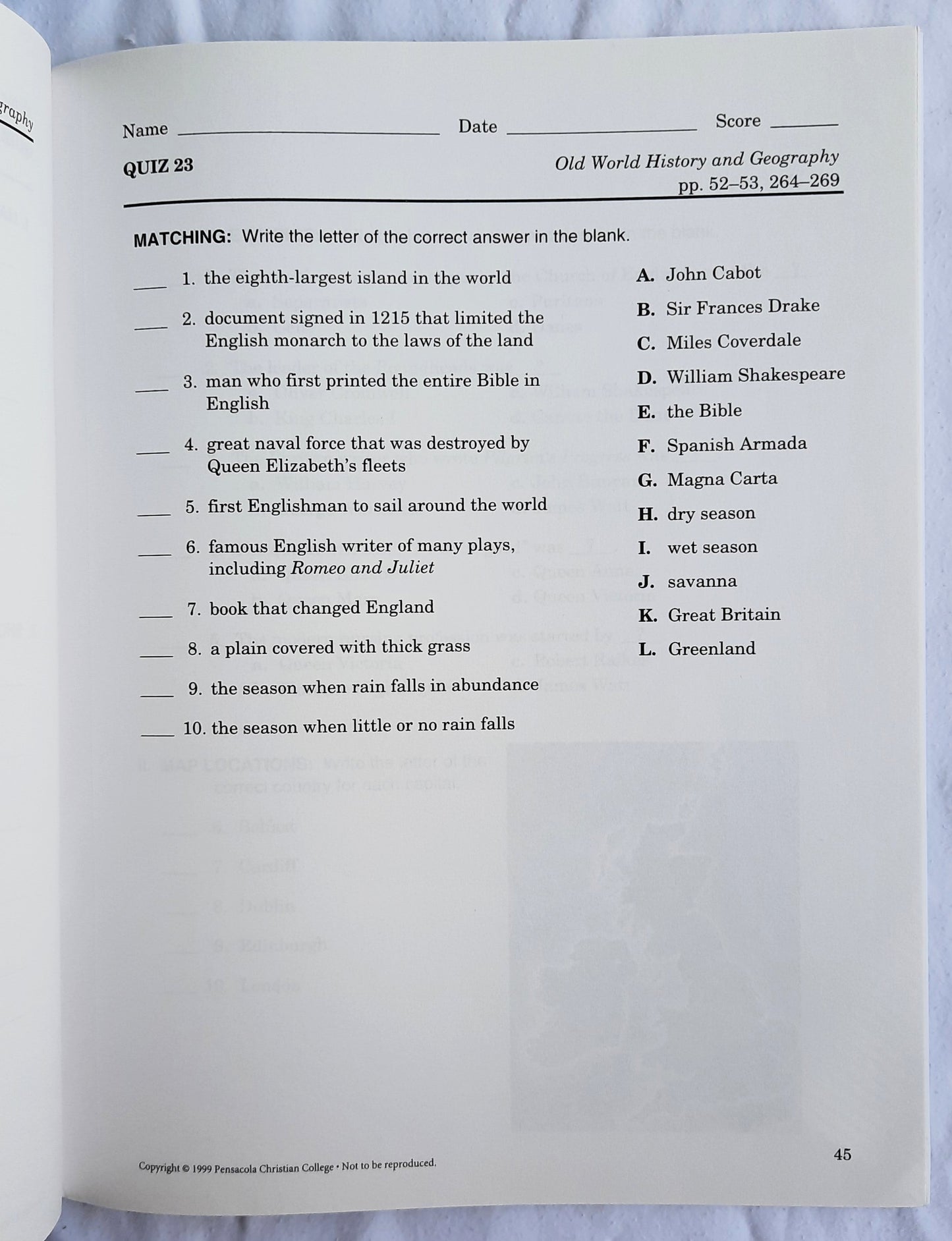 Abeka Old World History & Geography Quizzes Grade 5 (Like new, 2005, Pbk, 71 pages)