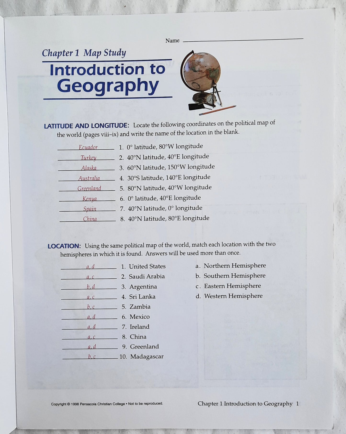 Abeka World Geography Map Studies Teacher Key (Very Good, 2005, Pbk, 45 pages)