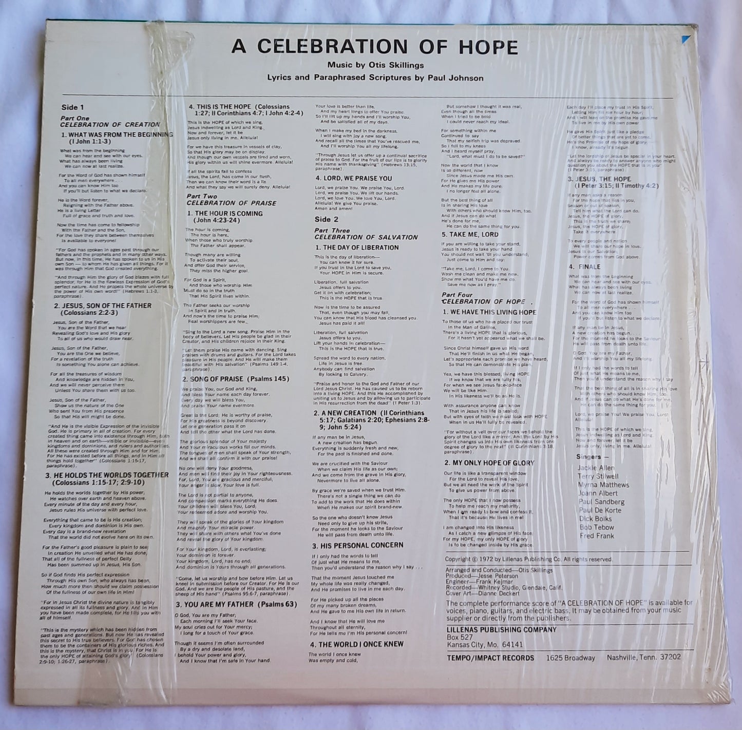 Tempo A Celebration of Hope Vinyl Record lyrics by Paul Johnson; music by Otis Skillings (Very good, 1972, Lillenas Publishing Co.)