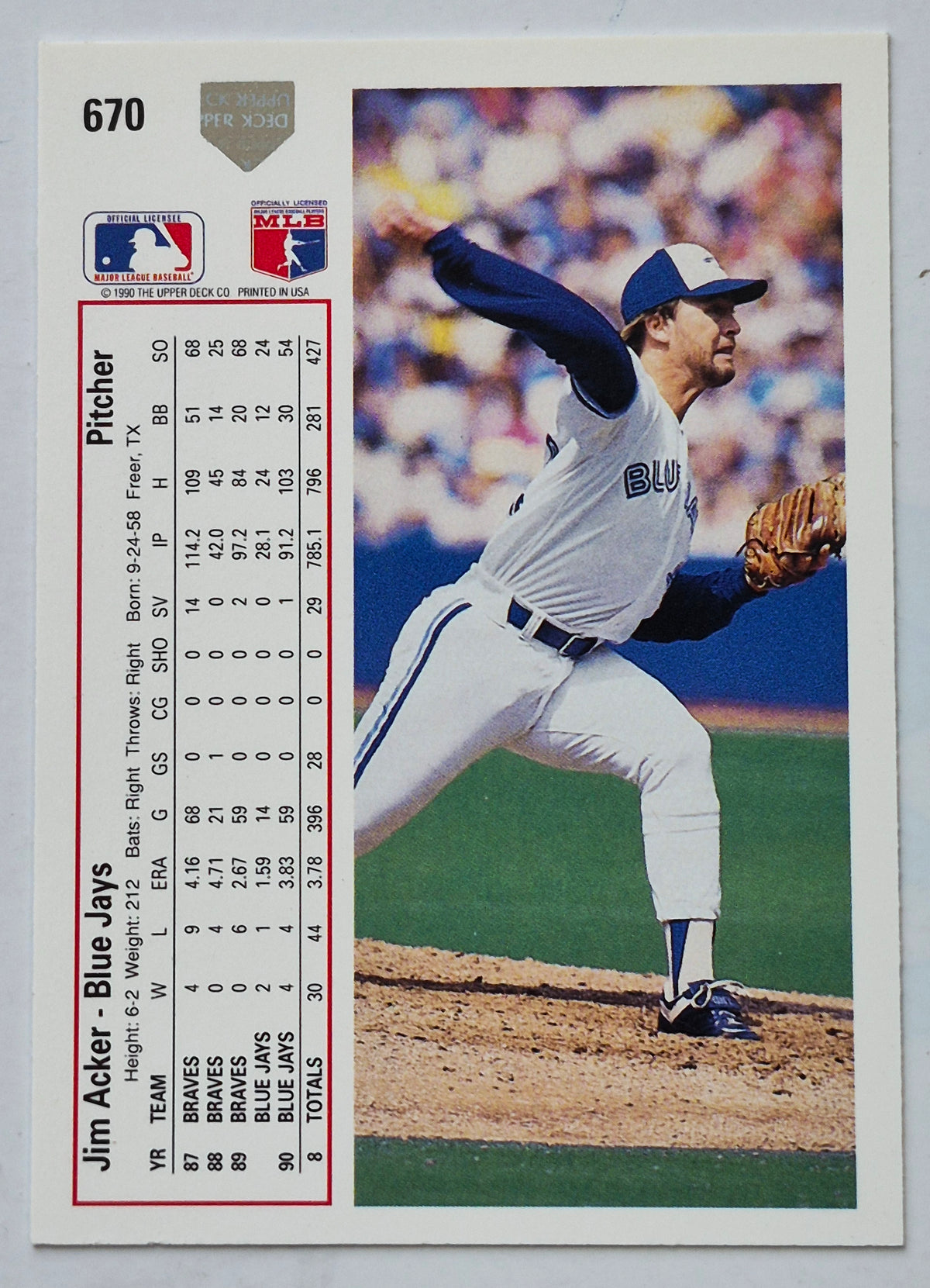 Acker Jim Toronto Blue Jays Pitcher #670 Upper Deck 1991 Baseball Card