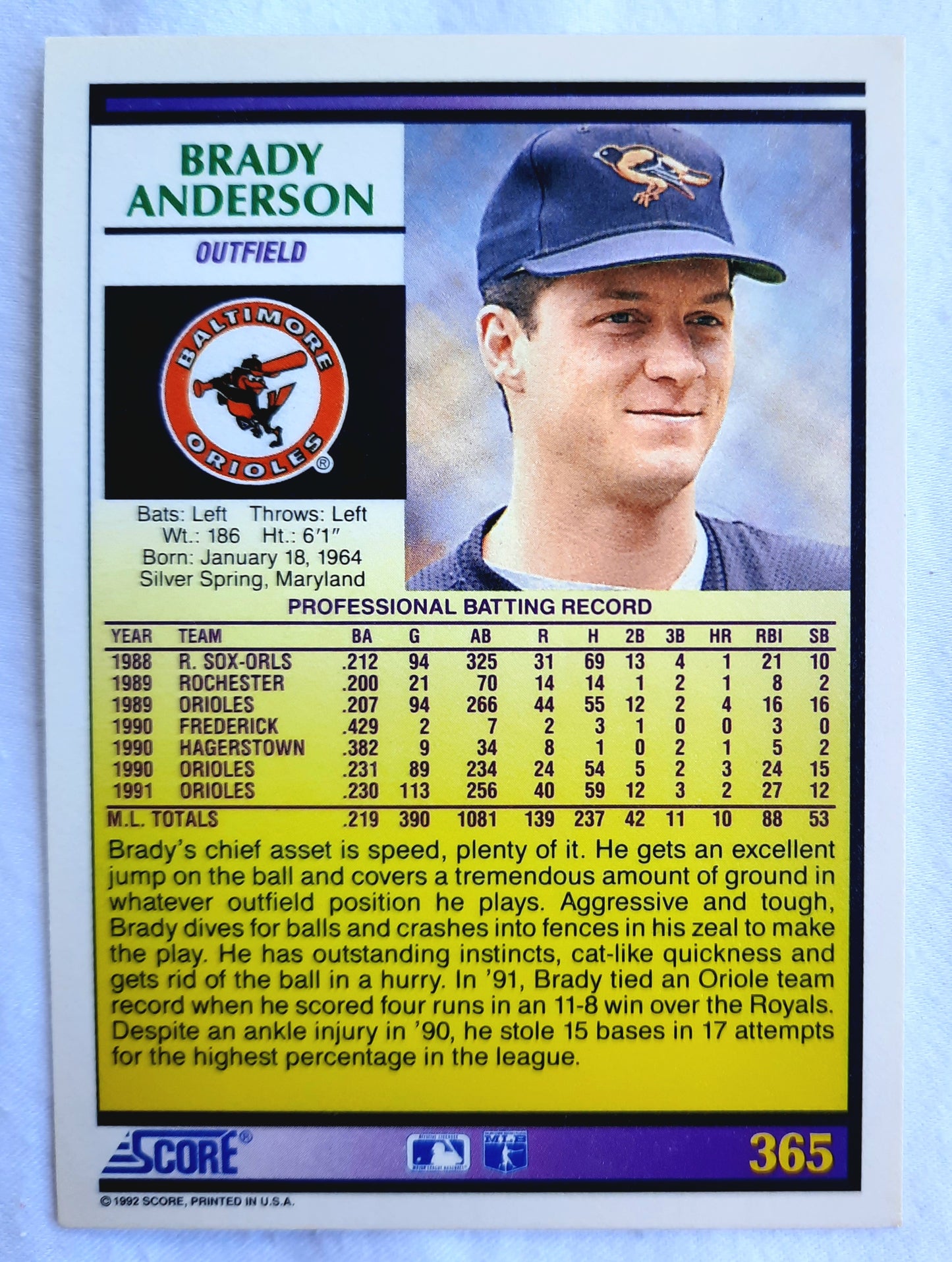 Score '92 Brady Anderson Baltimore Orioles Outfield #365 Baseball Card Near Mint