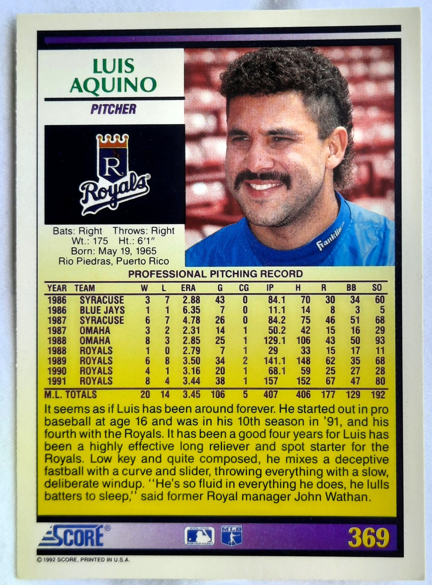 Score '92 Luis Aquino Pitcher #369 Kansas City Royals Baseball Card Near Mint