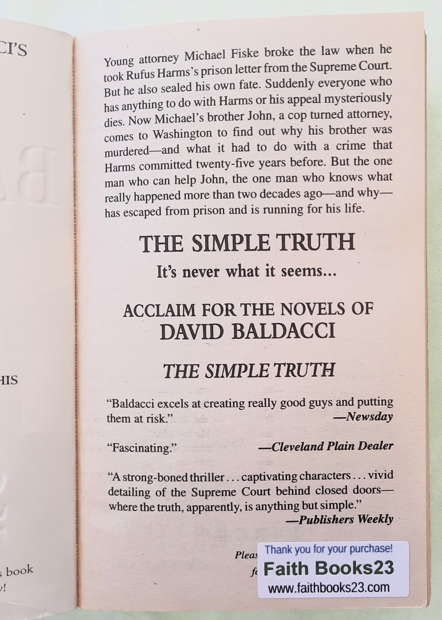 The Simple Truth by David Baldacci (Good, 1999, Pbk, 528 pages, Hachette)