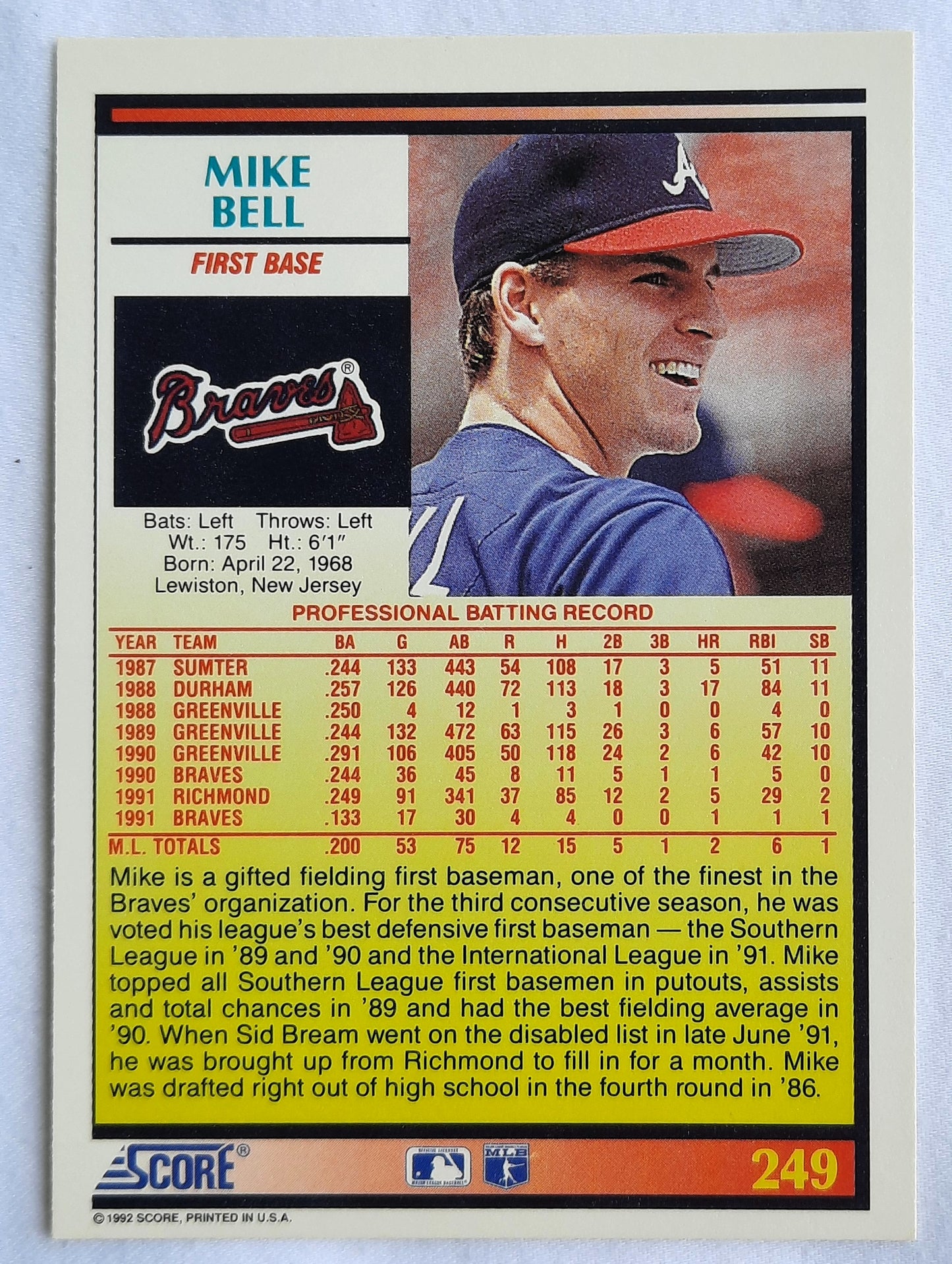 Score '92 Mike Bell Atlanta Braves First Base #249 Baseball Card Near Mint