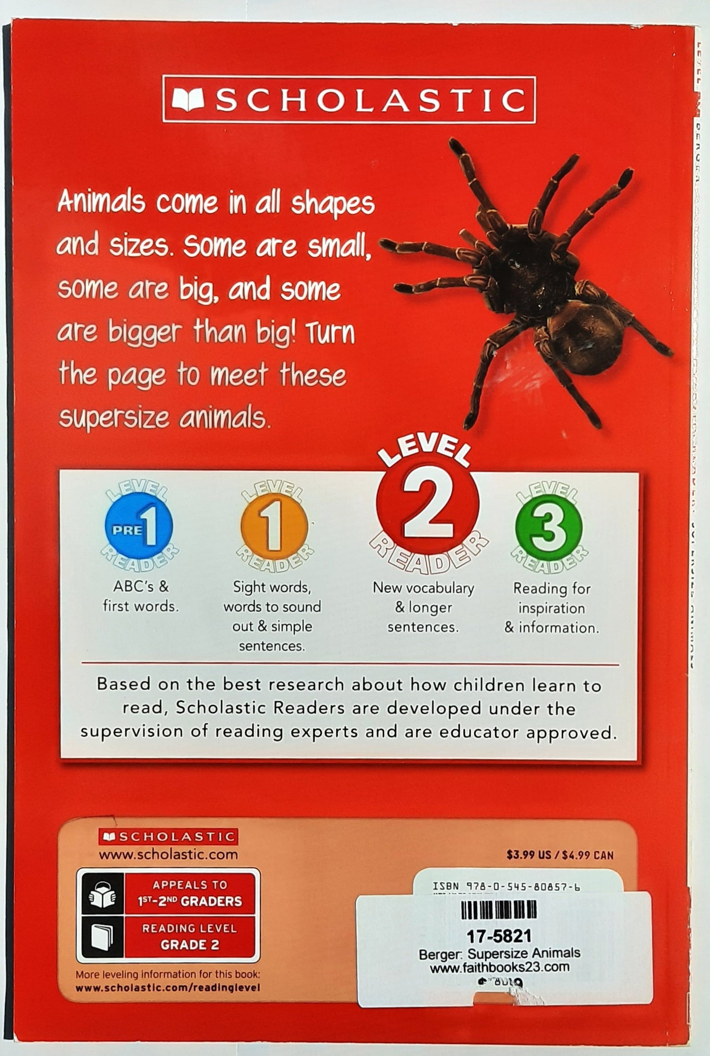 Supersize Animals by Melvin & Gilda Berger (Level 2 Reader, Very good, 2015, Pbk, 32 pages, Scholastic)