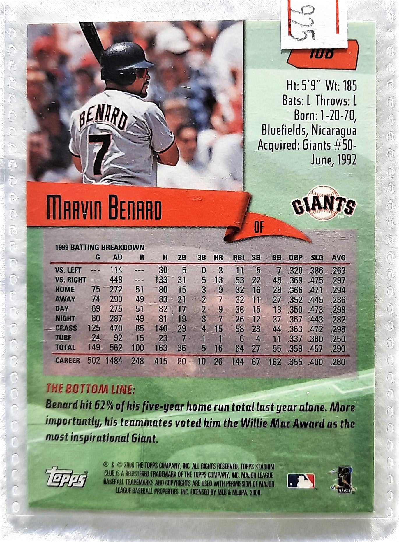 TOPPS 2000 Stadium Club Marvin Benard San Francisco Giants #108 Baseball Card