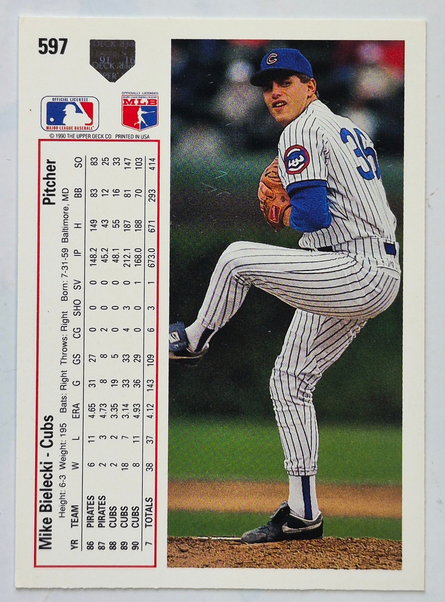 Bielecki Mike Chicago Cubs Pitcher #597 Upper Deck 1991 Baseball Card