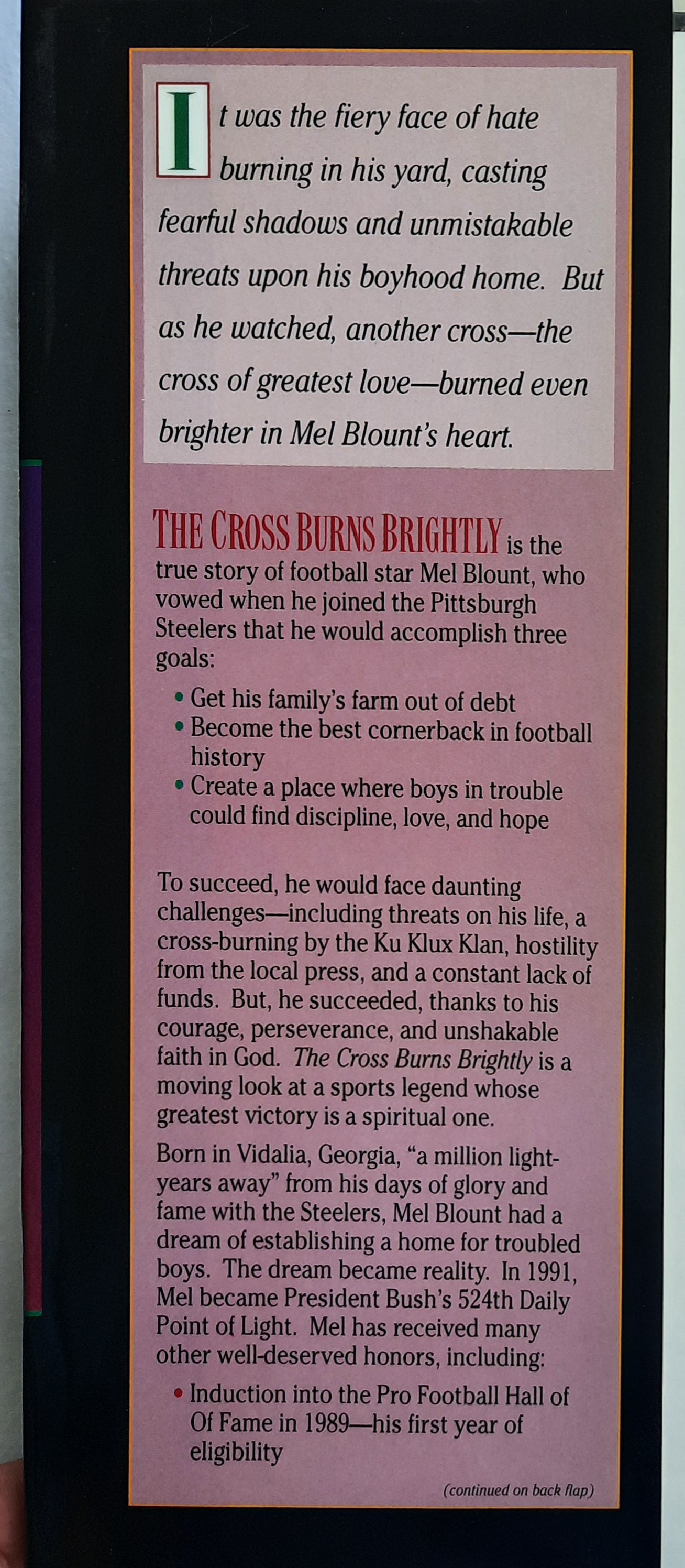 The Cross Burns Brightly by Mel Blount (Very Good, HC, 1993, Zondervan, 256 pages)