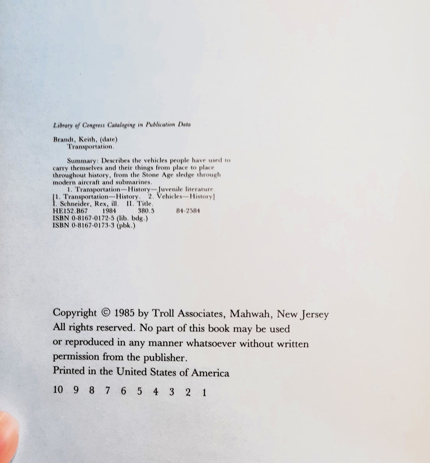 Transportation, Transportation by Keith Brandt (Very good, 1985, HC, Troll Assc, 30 pages)