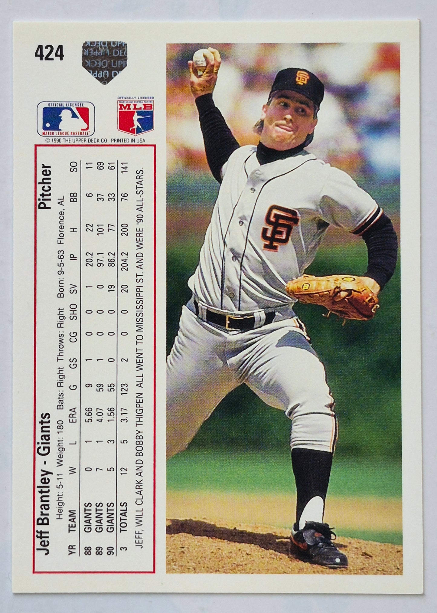 Brantley Jeff San Francisco Giants Pitcher #424 Upper Deck 1991 Baseball Card