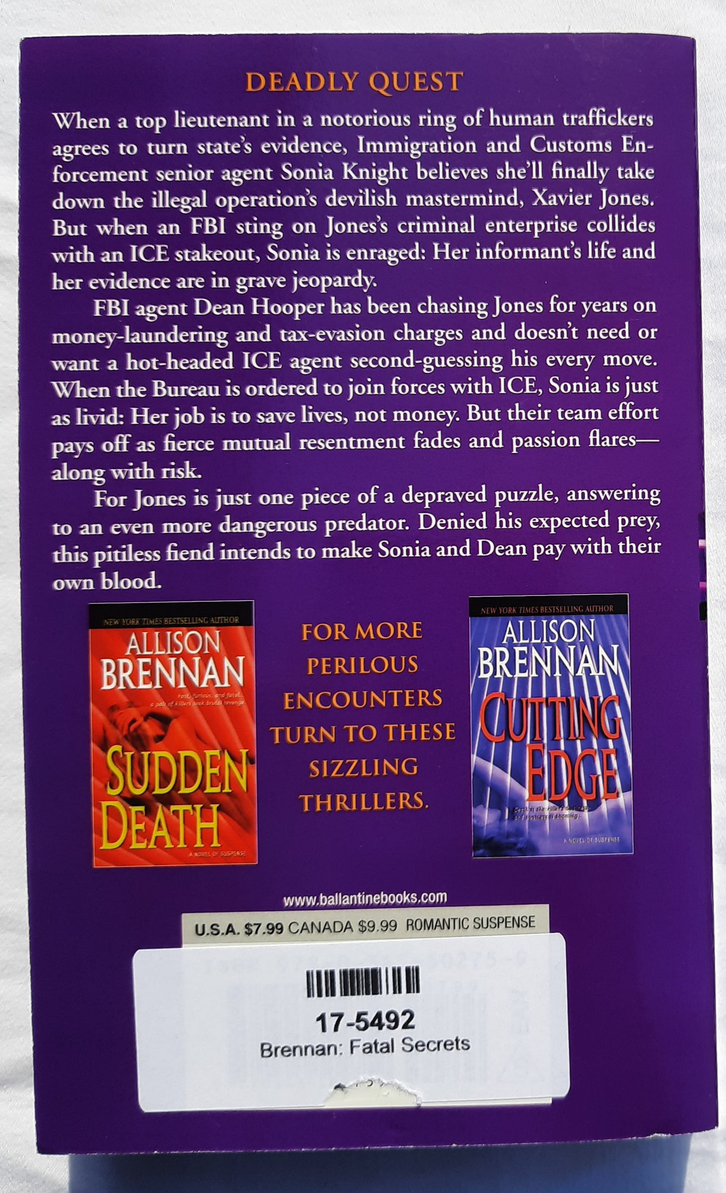 Fatal Secrets by Allison Brennan (FBI Trilogy #2,Very Good, 2009, Pbk, 438 pages, Ballantine Books)
