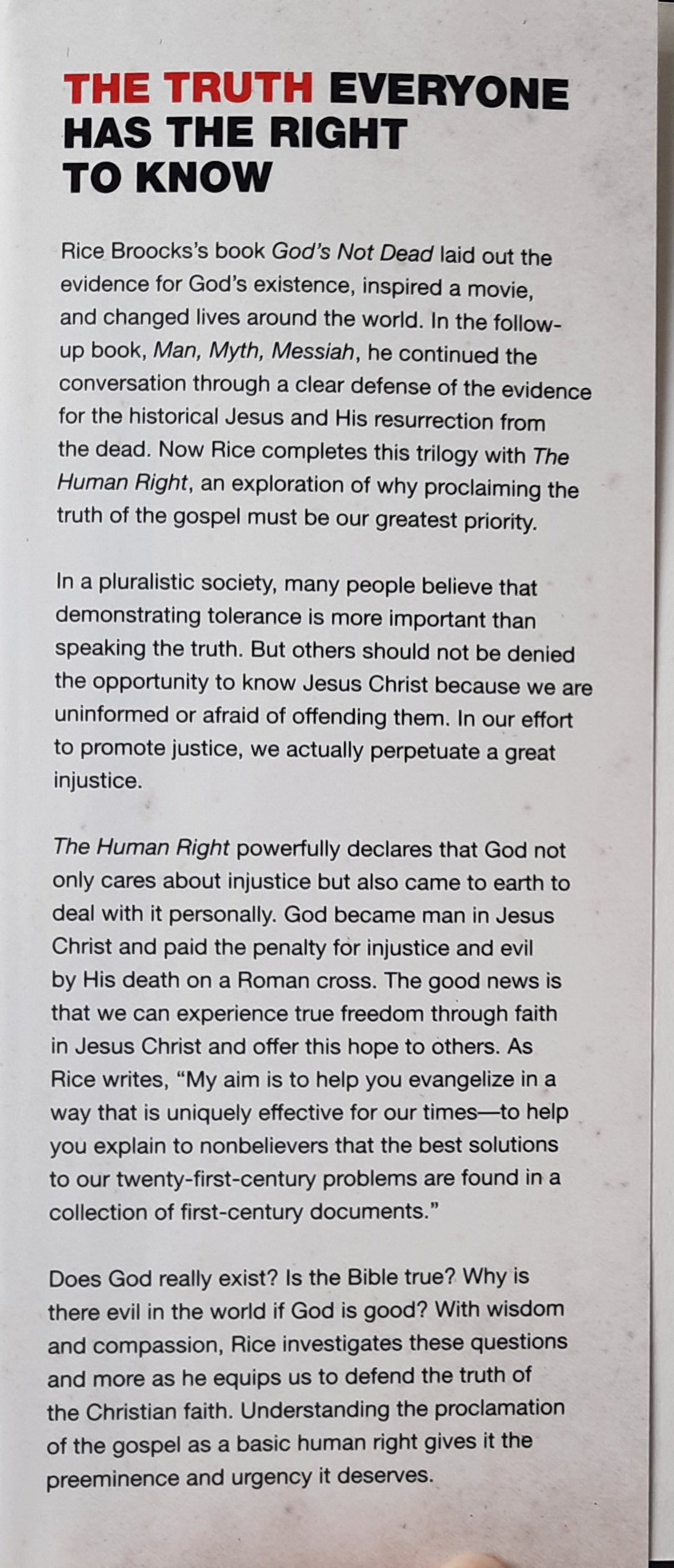 The Human Right to Know Jesus Christ and Make Him Known by Rice Broocks (New, 2018, HC, 293 pages, W Publishing)