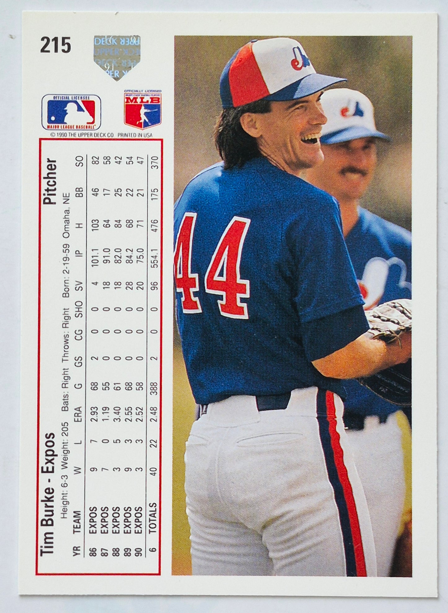 Burke Tim Montreal Expos Pitcher #215 Upper Deck 1991 Baseball Card