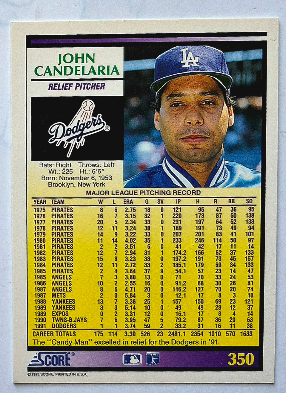Candelaria John Los Angeles Dodgers Relief Pitcher #350 1992 Score Baseball Card