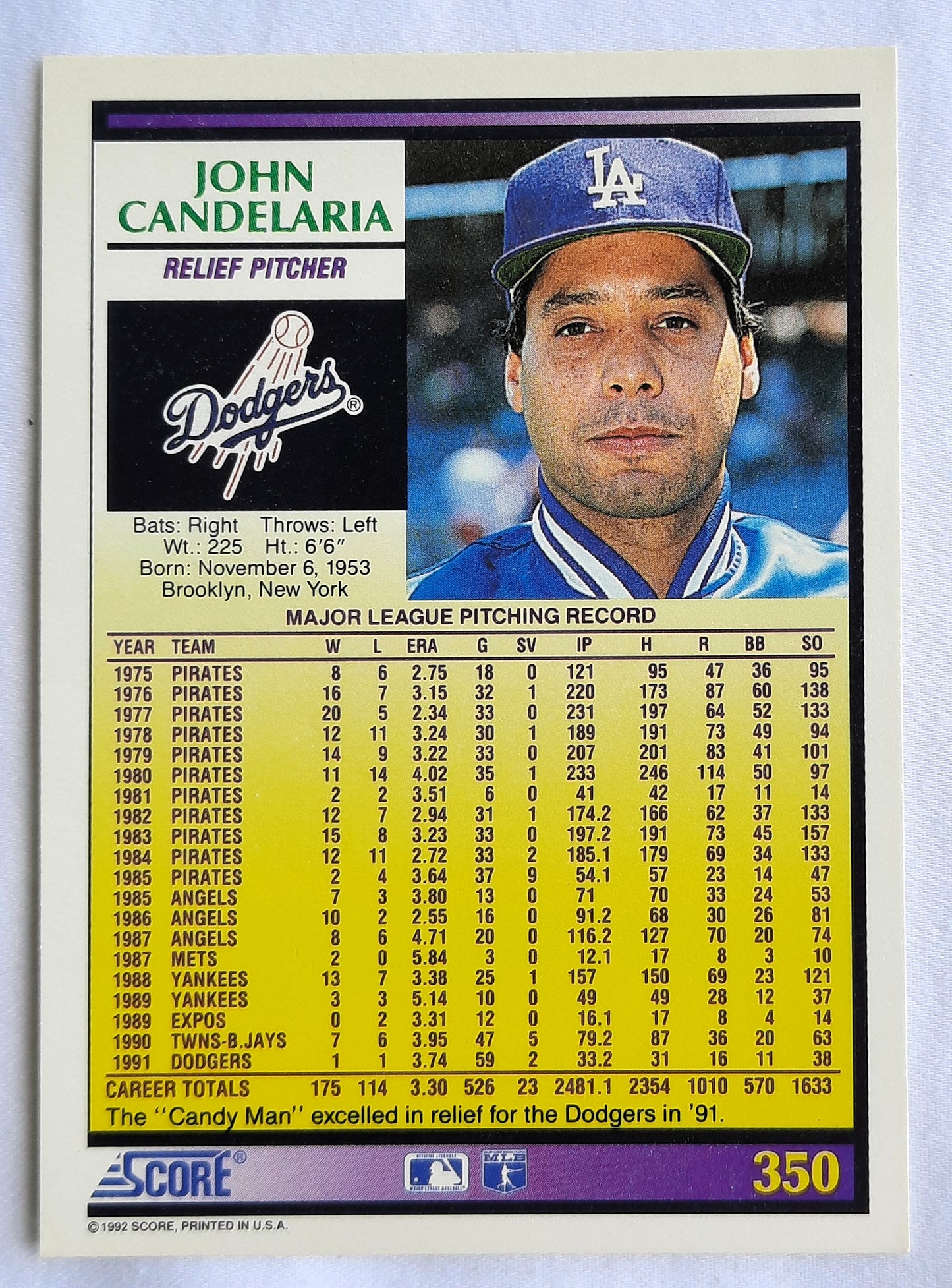 Score '92 John Candelaria Los Angeles Dodgers Relief Pitcher #350 Baseball Card Near Mint