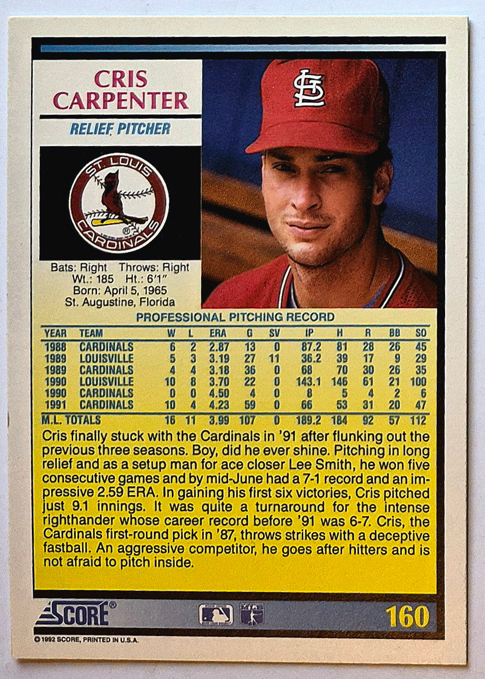 Carpenter Cris St. Louis Cardinals Relief Pitcher #160 1992 Score Baseball Card