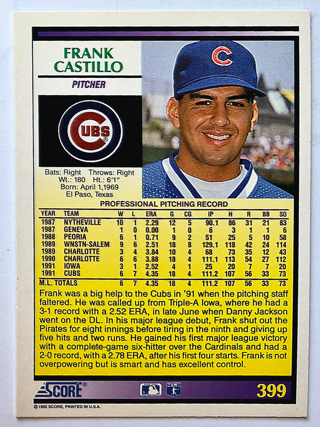 Castillo Frank Chicago Cubs Pitcher #399 1992 Score Baseball Card