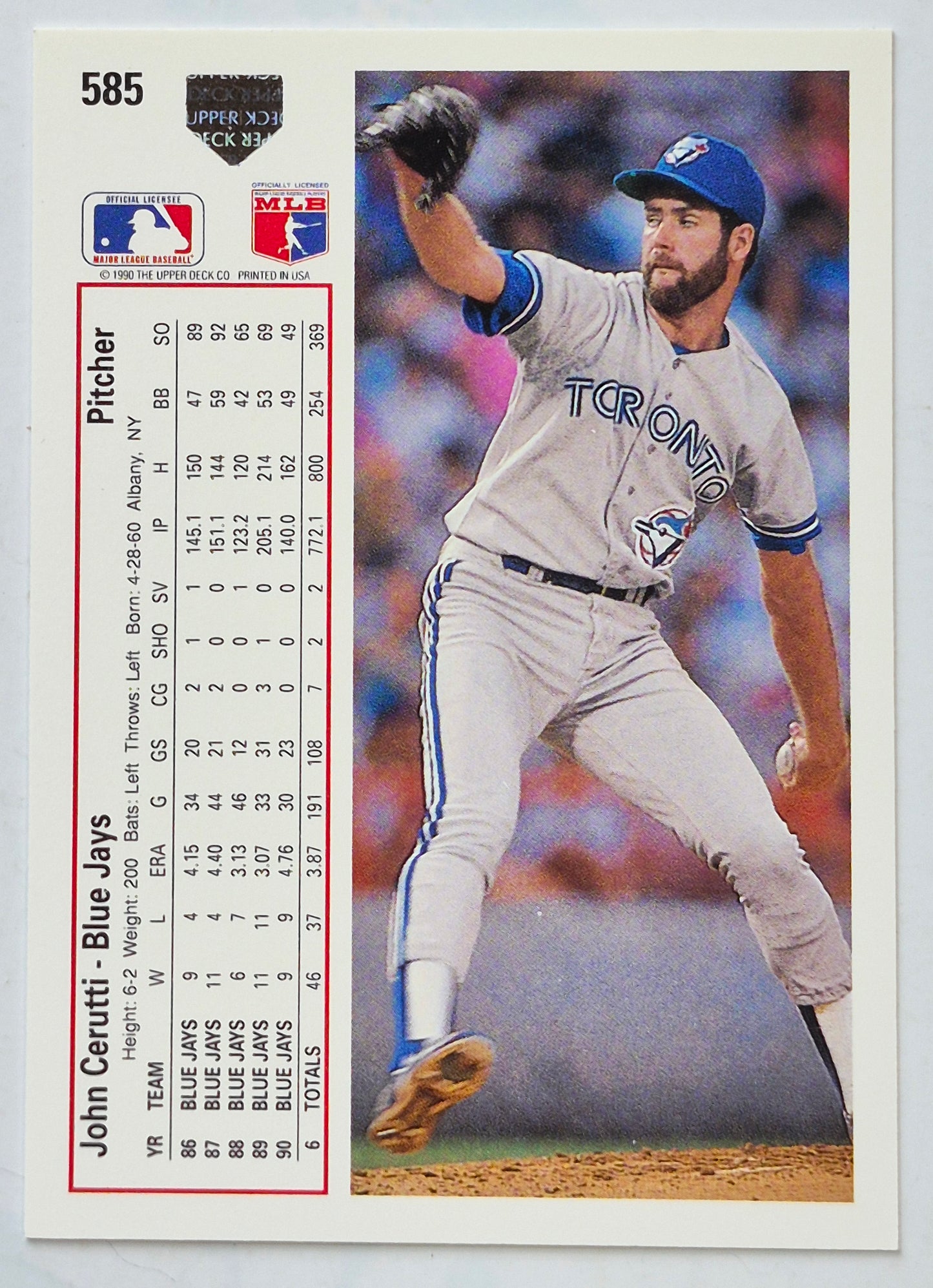 Cerutti John Toronto Blue Jays Pitcher #585 Upper Deck 1991 Baseball Card