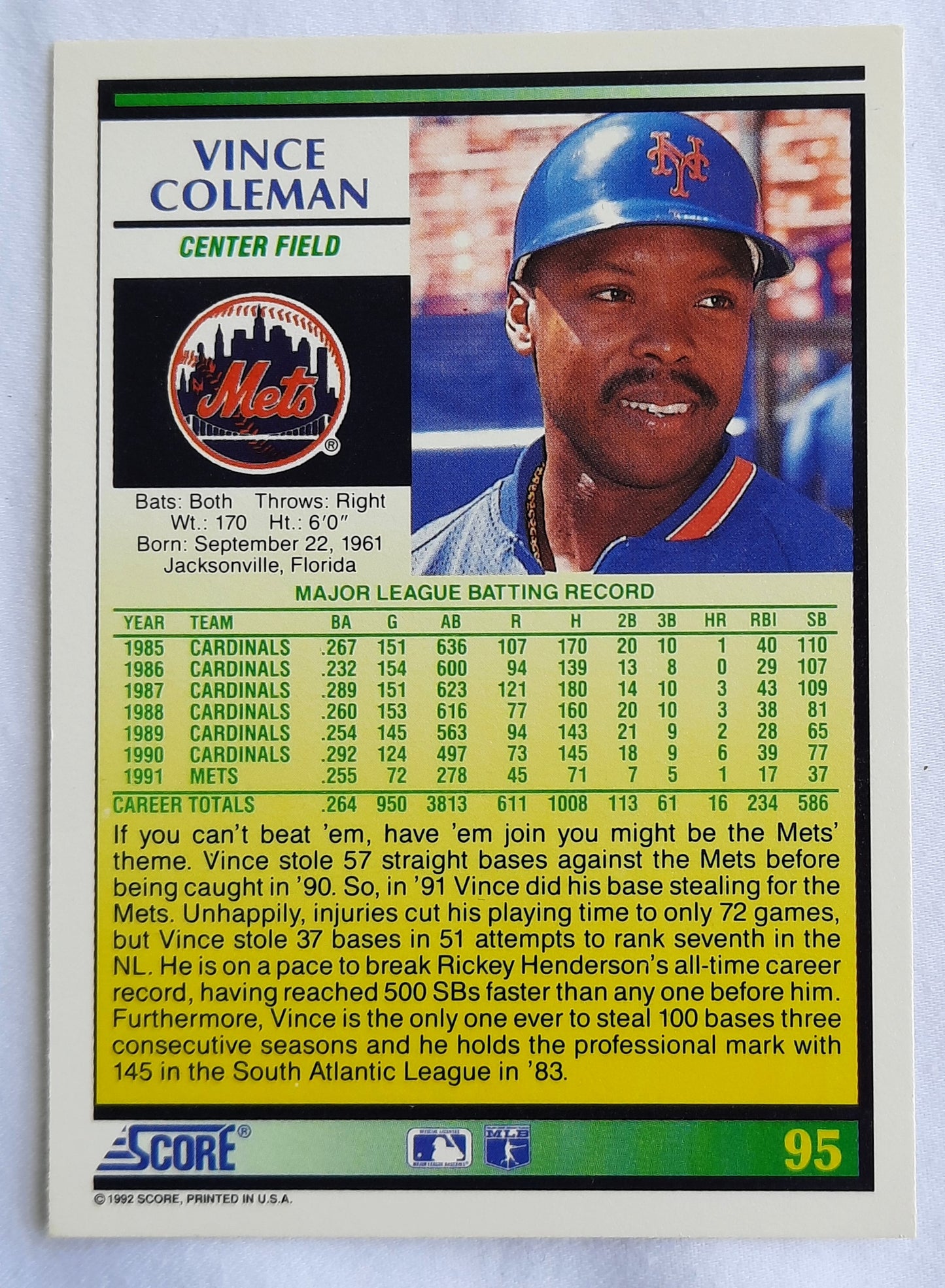 Score '92 Vince Coleman Centerfield New York Mets #95 Baseball Card Near Mint