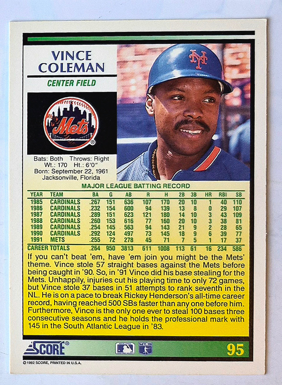 Coleman Vince New York Mets Center Field #95 1992 Score Baseball Card