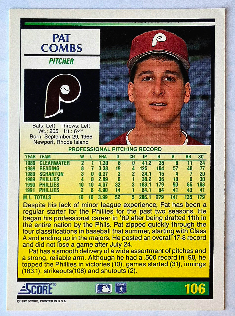 Combs Pat Philadelphia Phillies Pitcher #106 1992 Score Baseball Card