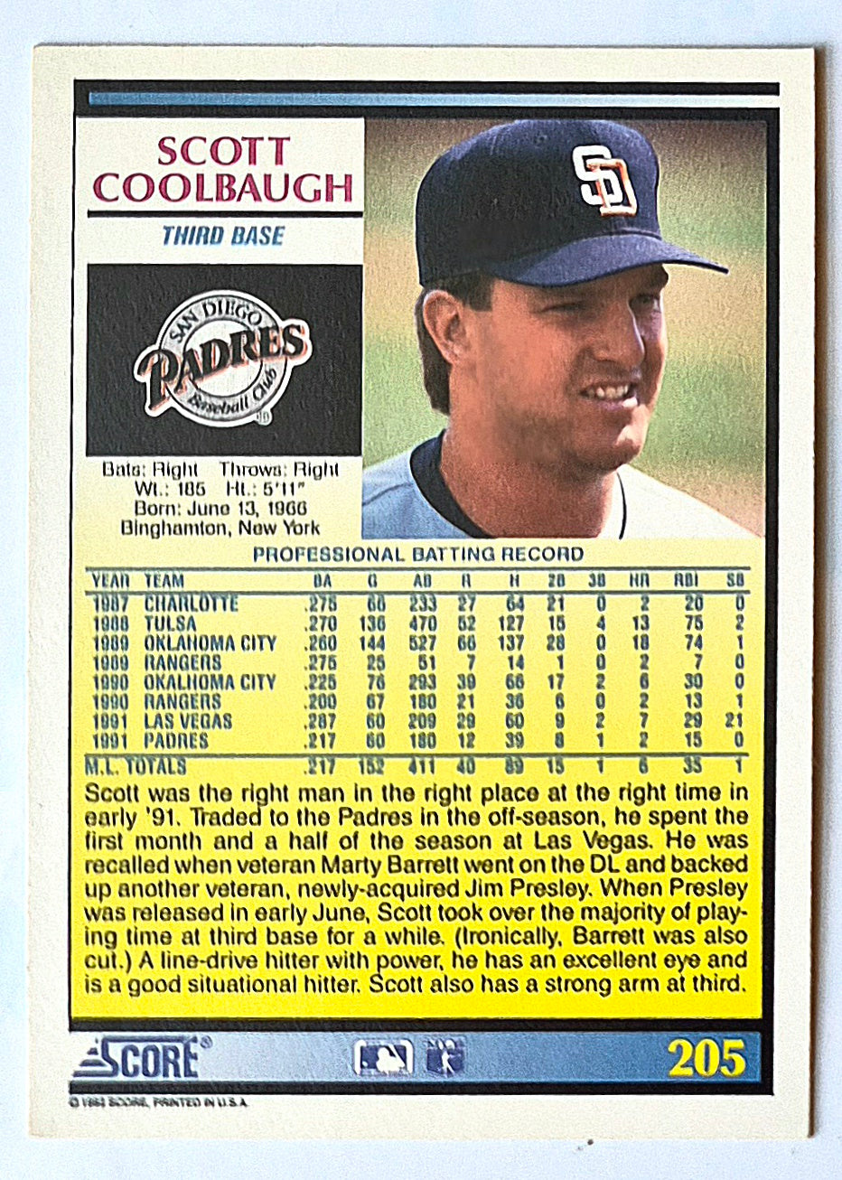 Coolbaugh Scott San Diego Padres Third Base #205 1992 Score Baseball Card