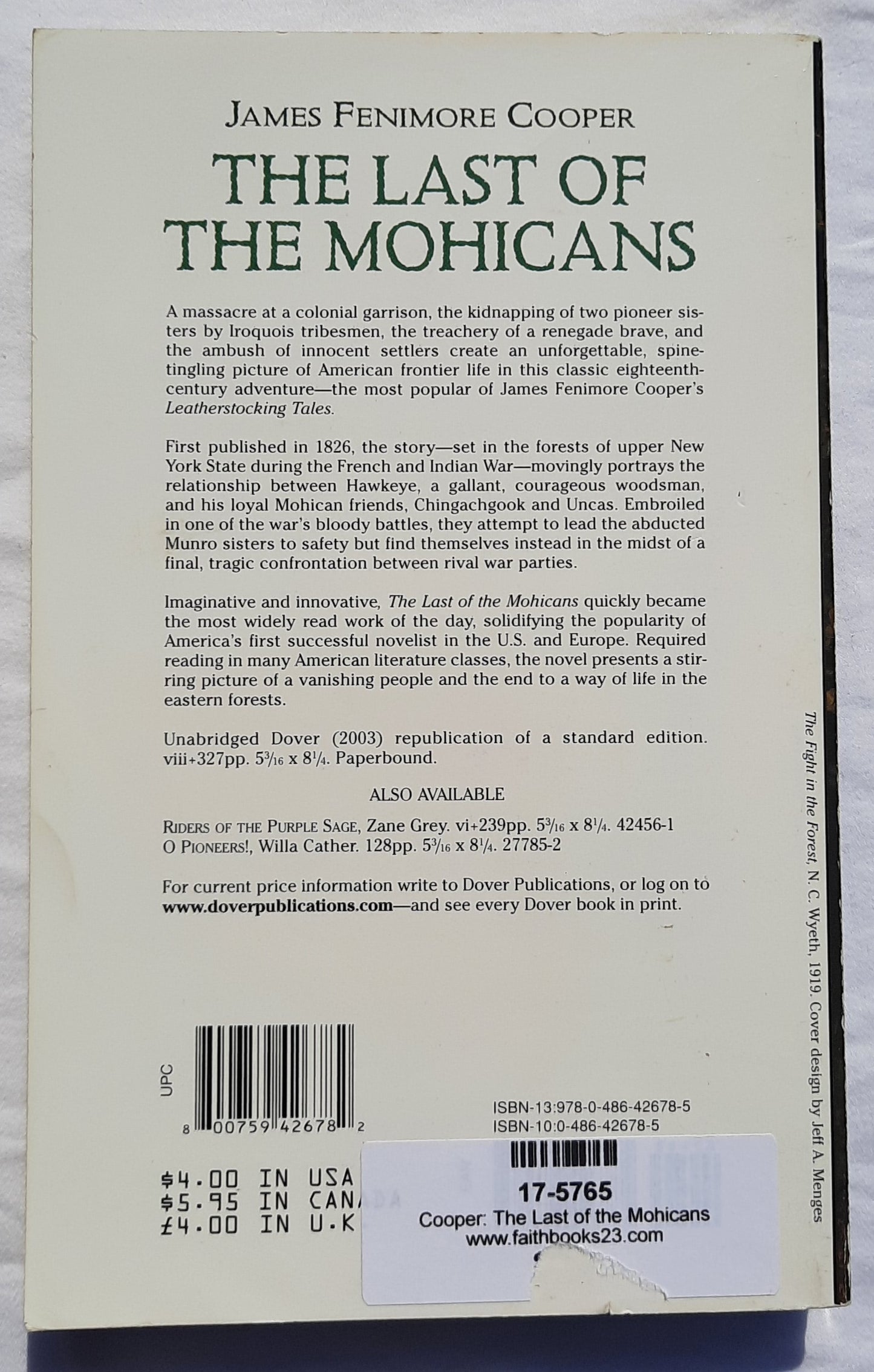 The Last of the Mohicans by James Fenimore Cooper (Very good, 2003, Pbk, 327 pages, Dover Thrift Edition)