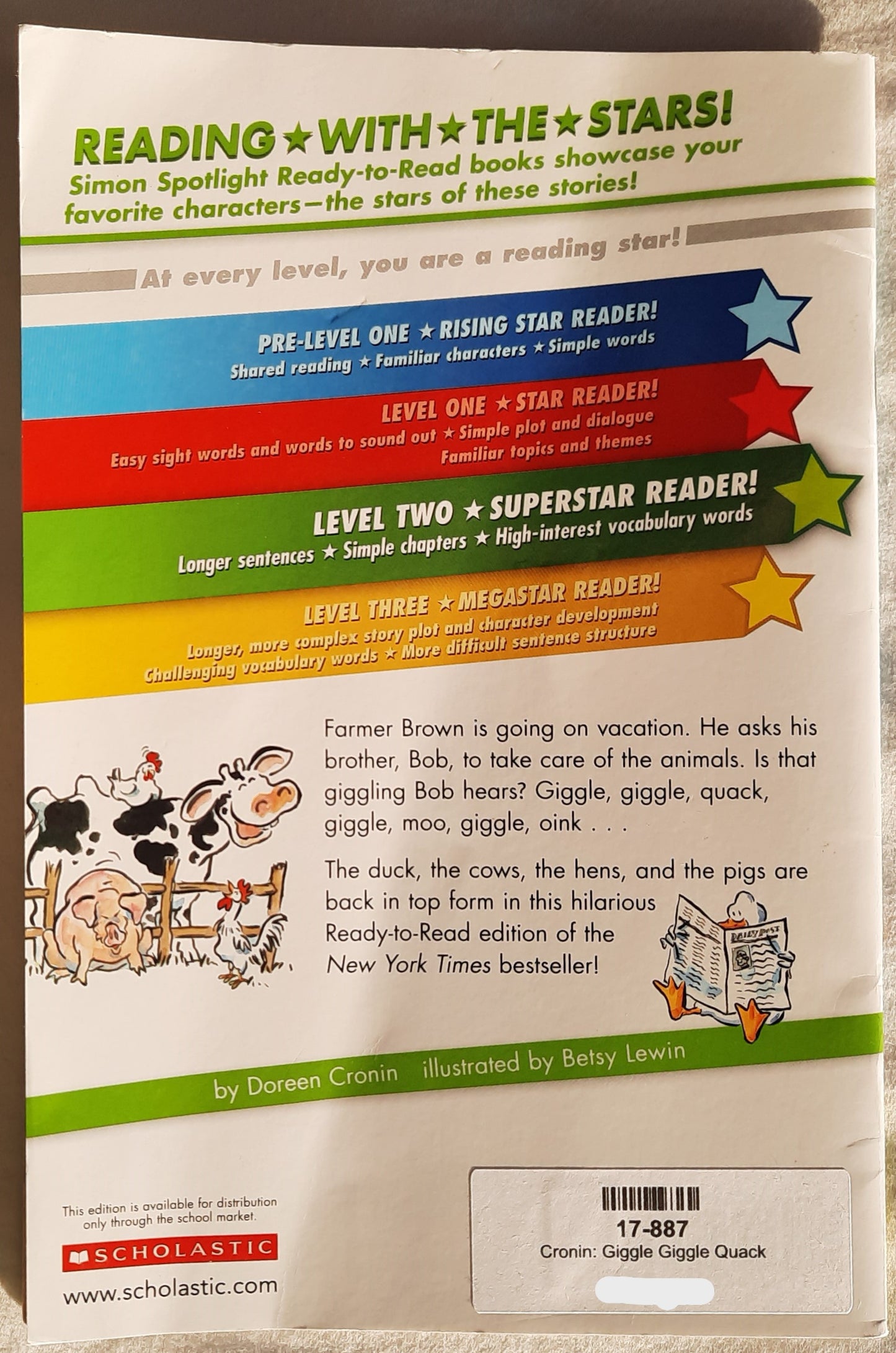 Giggle, Giggle Quack by Doreen Cronin; Betsy Lewin (Very good, 2017, Pbk, 32 pages, Scholastic)