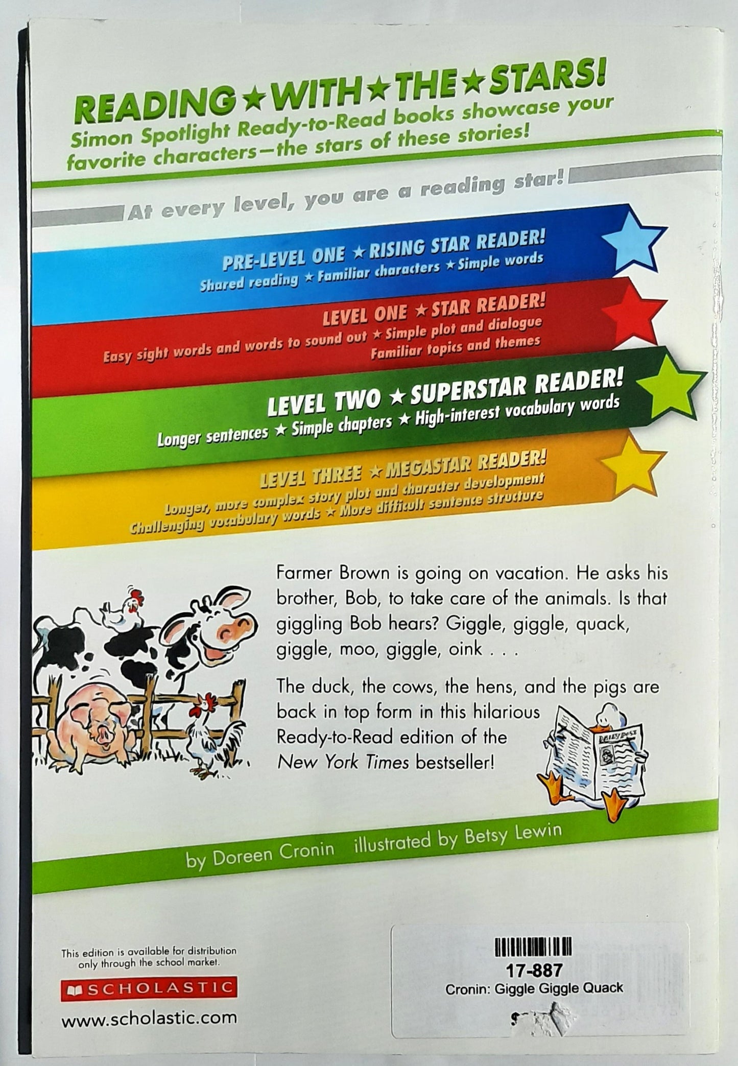 Giggle, Giggle Quack by Doreen Cronin; Betsy Lewin (Very good, 2017, Pbk, 32 pages, Scholastic)