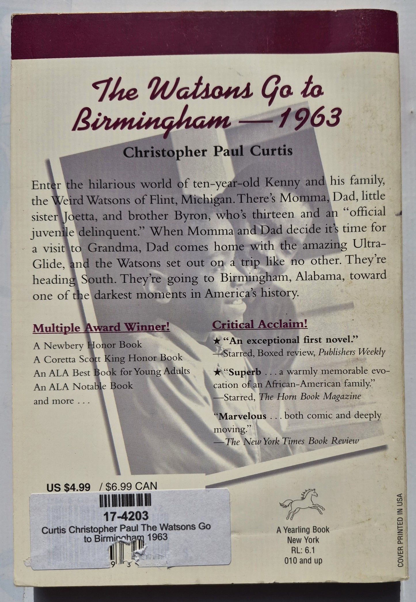 The Watsons Go to Birmingham - 1963 by Christopher Paul Curtis (Very good, 1997, Pbk, 211 pages, Scholastic)