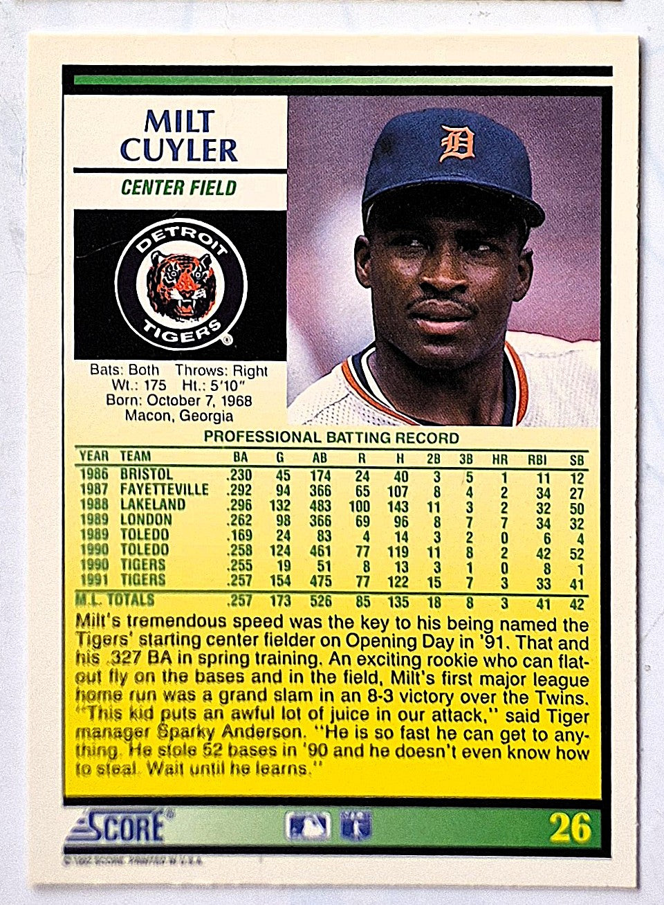 Cuyler Milt Detroit Tigers Center Field #26 Score 1992 Baseball Card