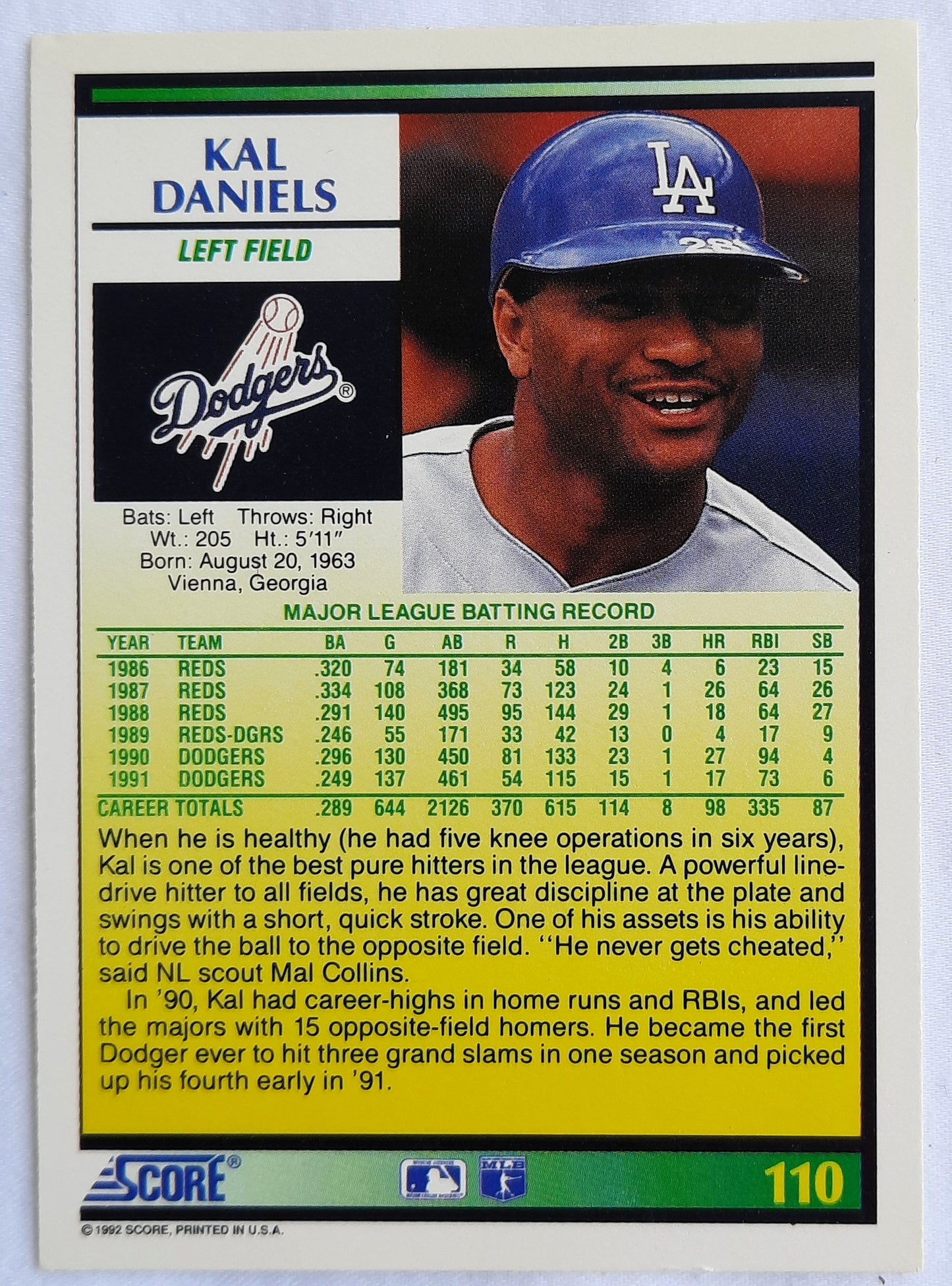 Score '92 Kal Daniels #110 Dodgers Left Field Baseball Card Near Mint