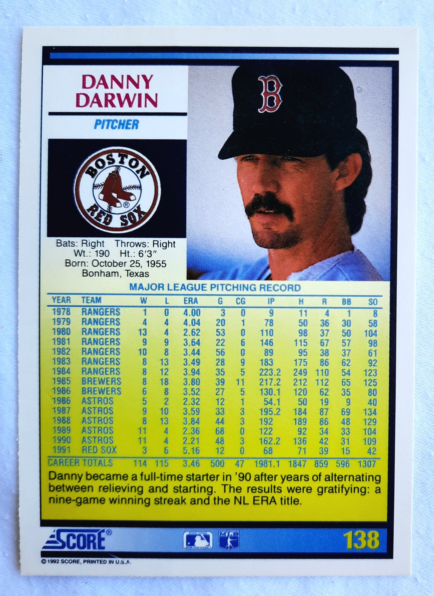 Score '92 Danny Darwin Boston Red Sox Pitcher #138 Baseball Card Near Mint