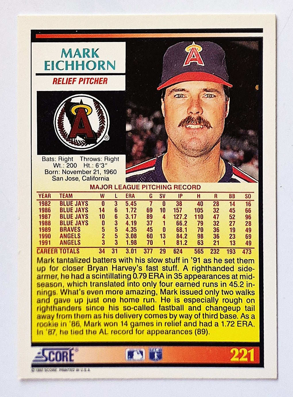 Eichhorn Mark California Angels Relief Pitcher #221 Score 1992 Baseball Card