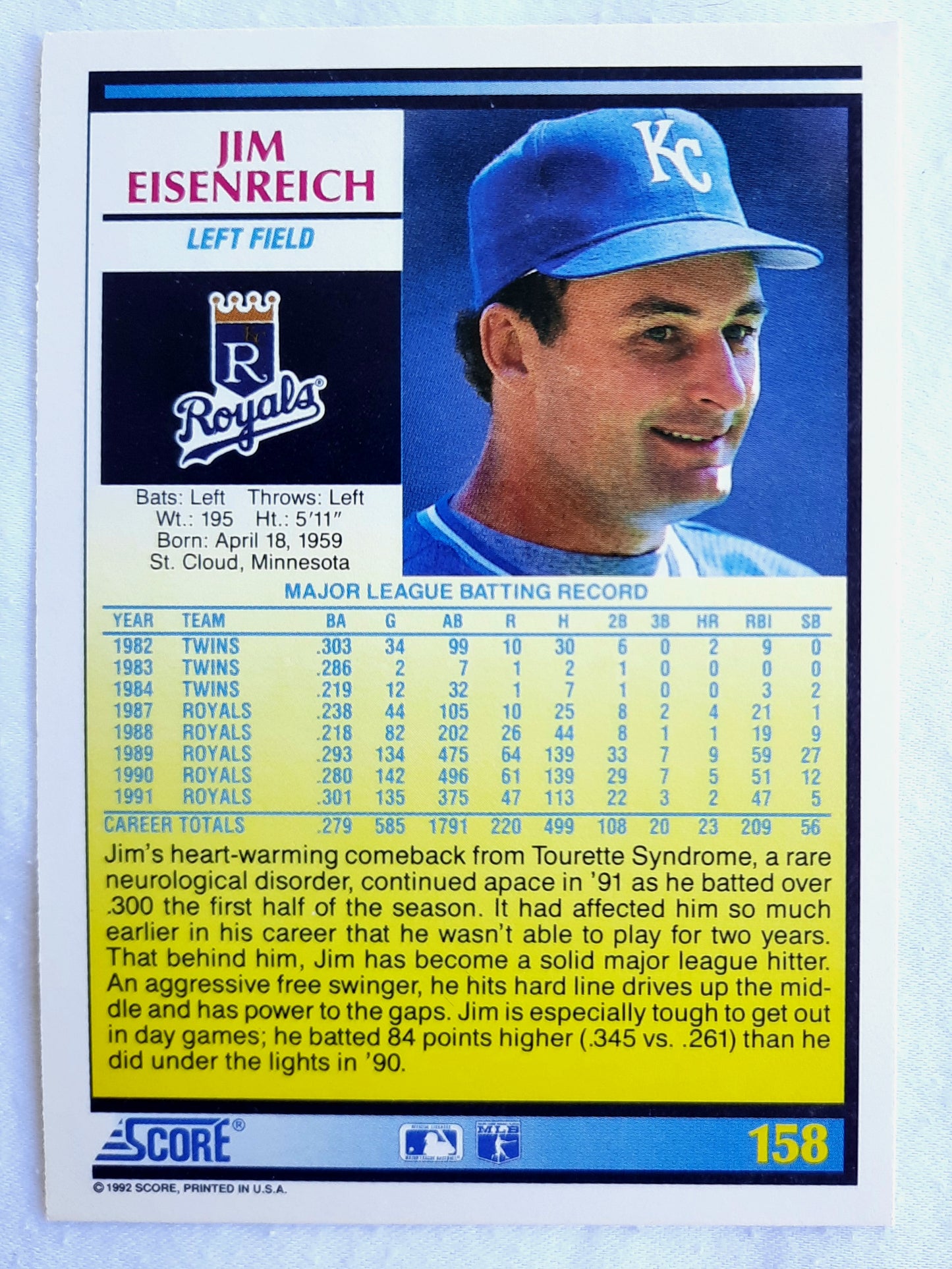 Score '92 Jim Eisenreich Kansas City Royals Left Field #158 Baseball Card Near Mint