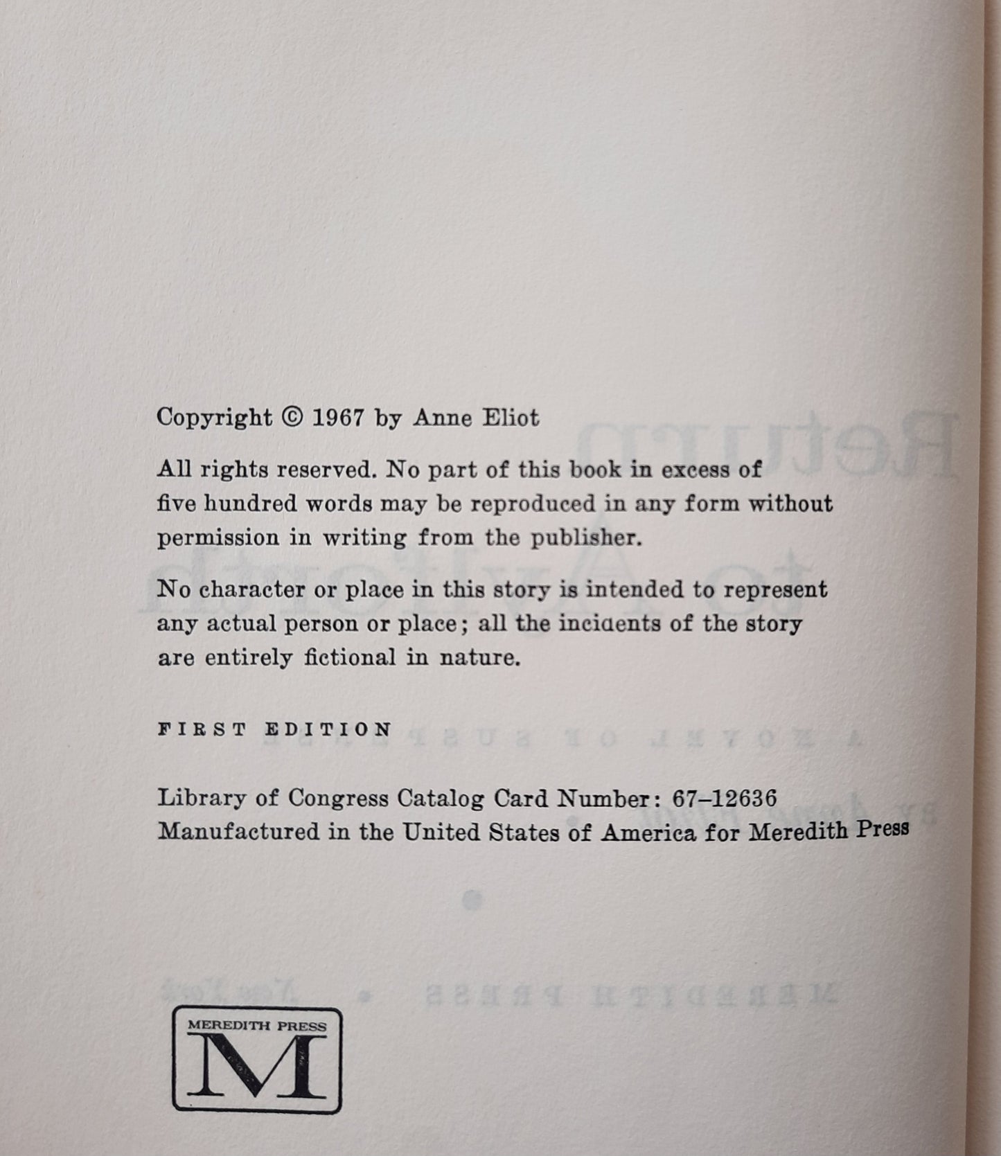 Return to Aylforth by Anne Eliot (Very Good, 1967, HC, 216 pages, Meredith Press)