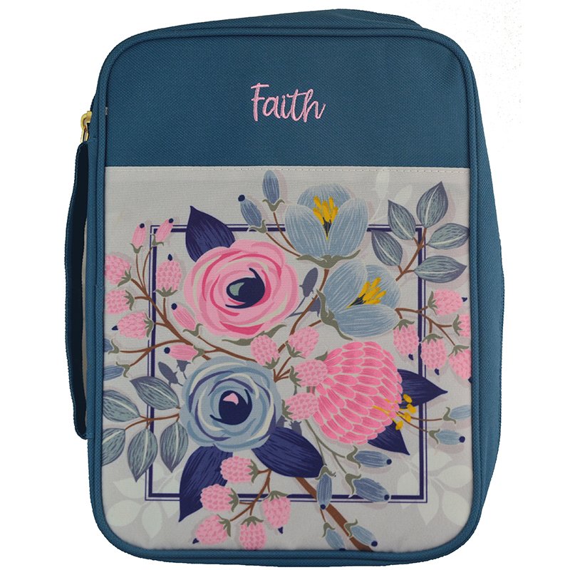 Bible Cover: Faith Blue Floral by White Dove Designs (New, Large 9.75" x 6.5" x 1.75")