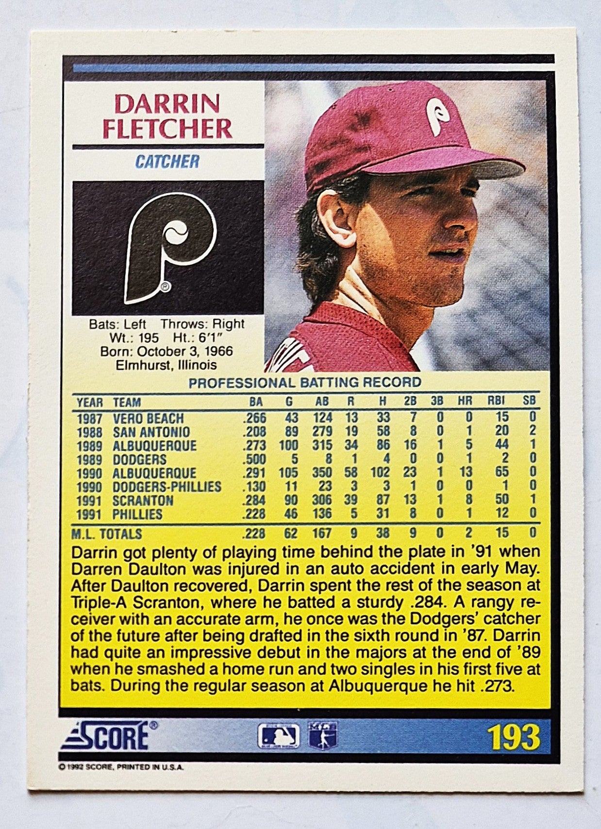 Fletcher Darrin Philadelphia Phillies Catcher #193 Score 1992 Baseball Card