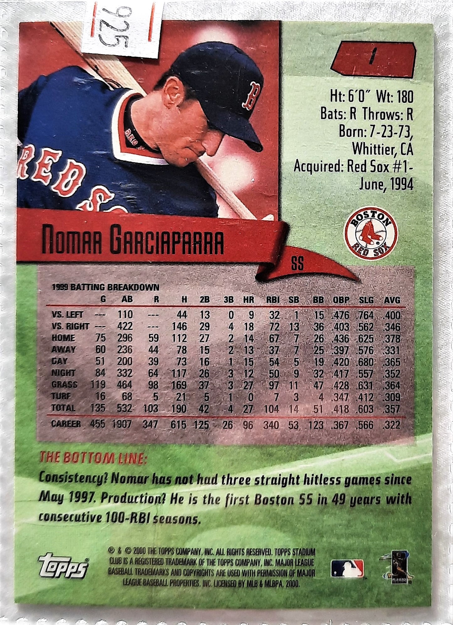 TOPPS 2000 Stadium Club Nomar Garciaparra Boston Red Sox #1 Baseball Card